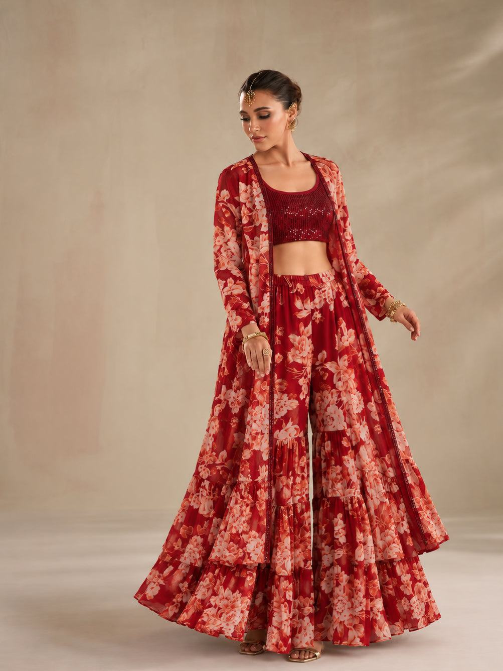 Women Maroon Sequins Crop Top With Floral Sharara And Shrug
