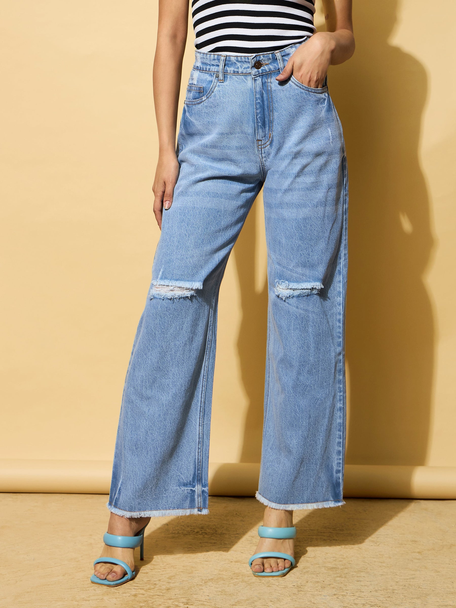 Light Blue Distressed Slashed Knee Frayed Jeans-SASSAFRAS BASICS