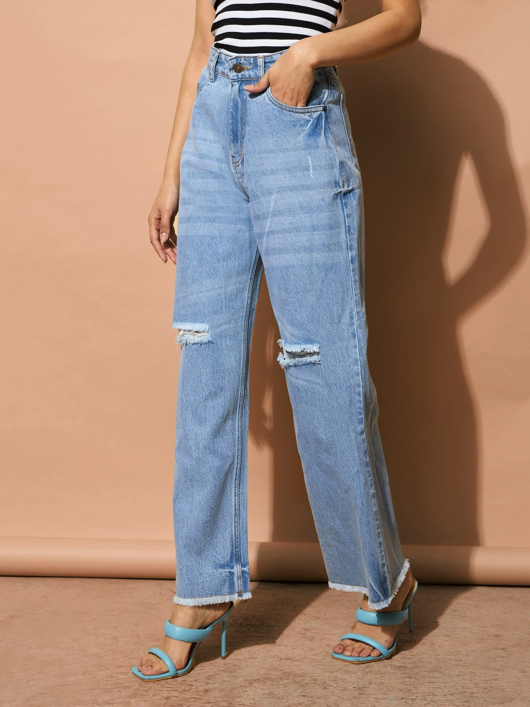 Light Blue Distressed Slashed Knee Frayed Jeans-SASSAFRAS BASICS