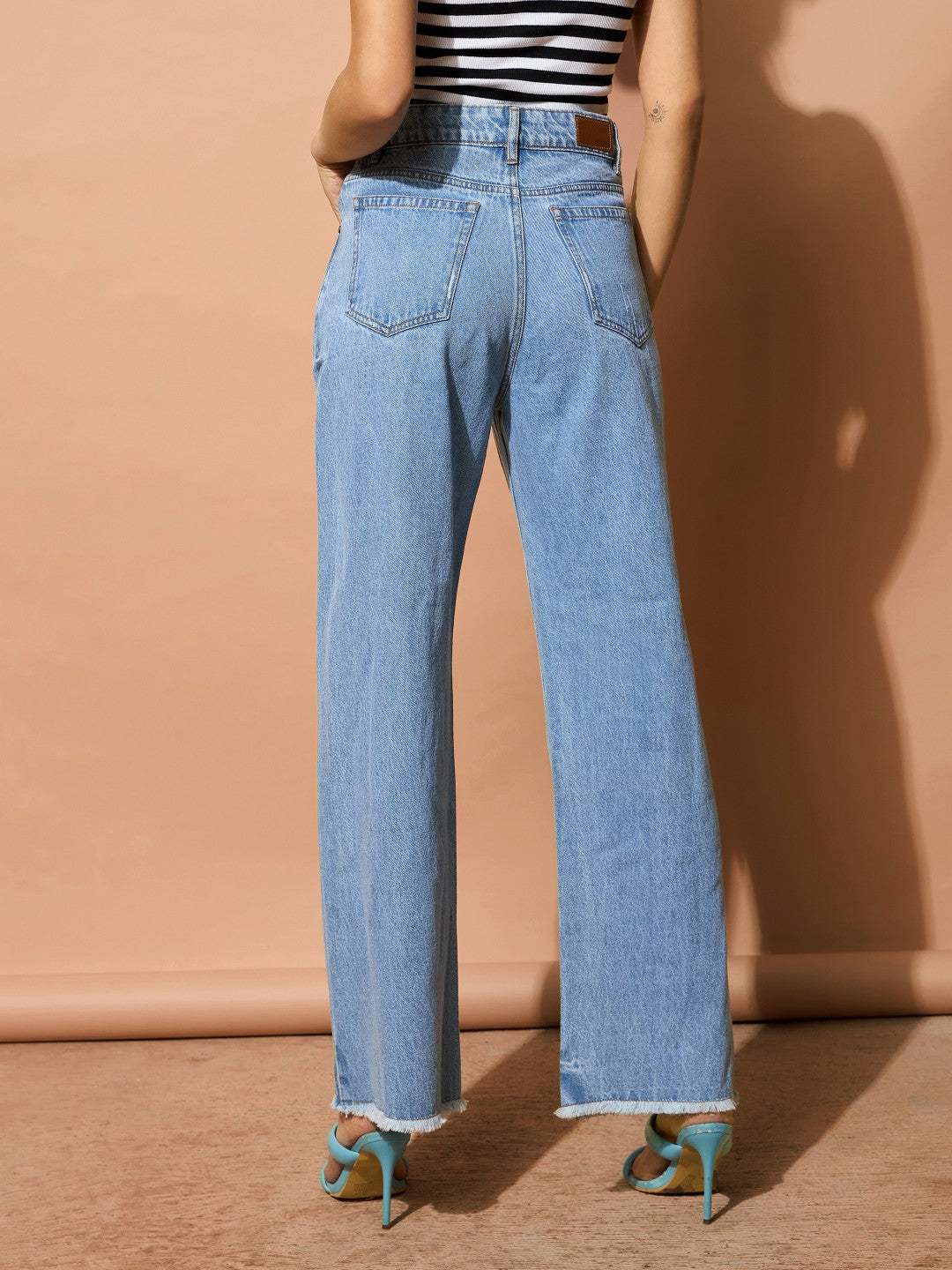 Light Blue Distressed Slashed Knee Frayed Jeans-SASSAFRAS BASICS