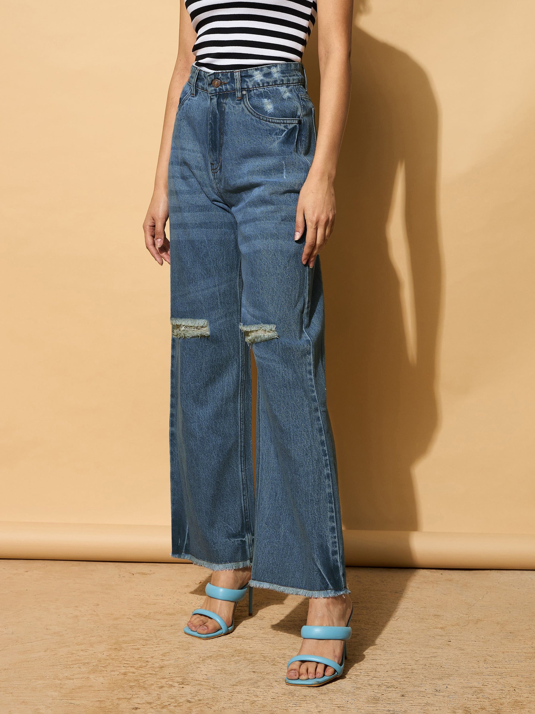 Navy Blue Distressed Slashed Knee Frayed Jeans-SASSAFRAS BASICS