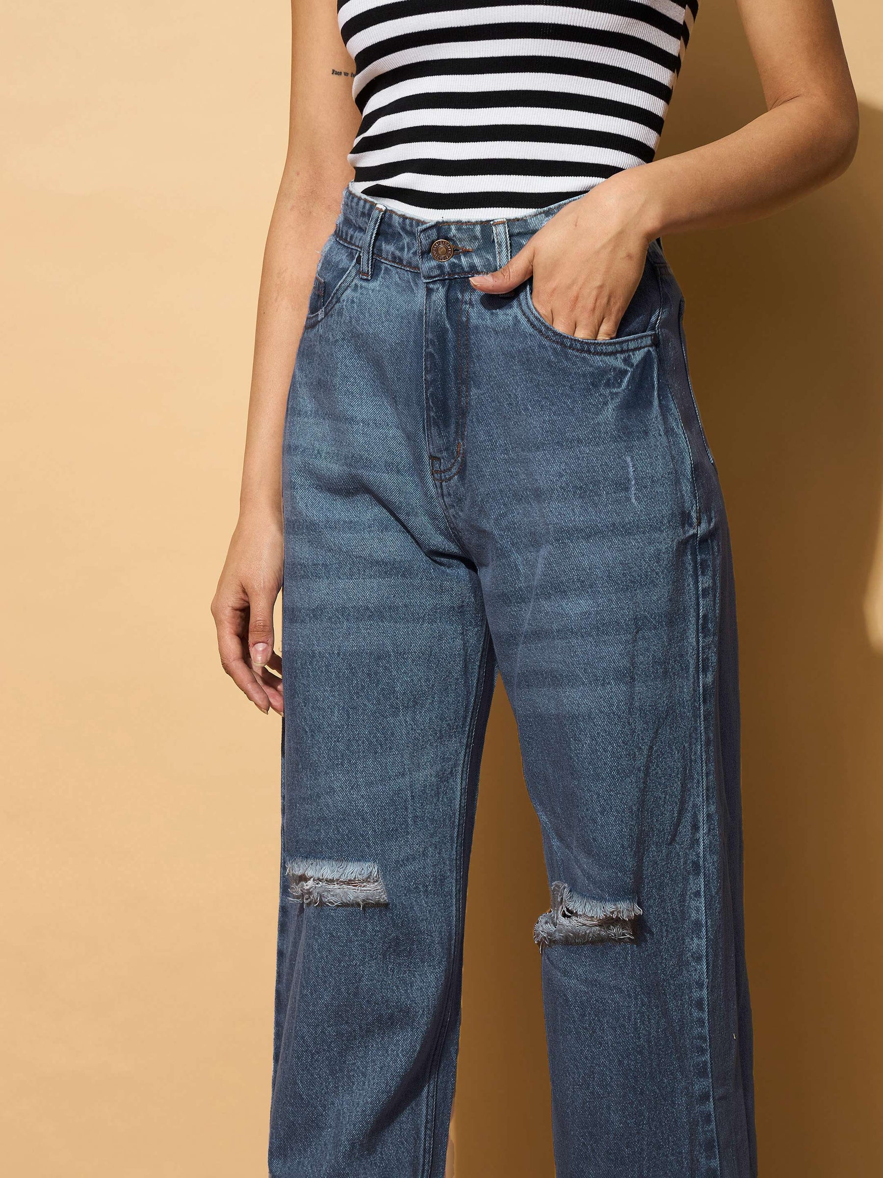 Navy Blue Distressed Slashed Knee Frayed Jeans-SASSAFRAS BASICS