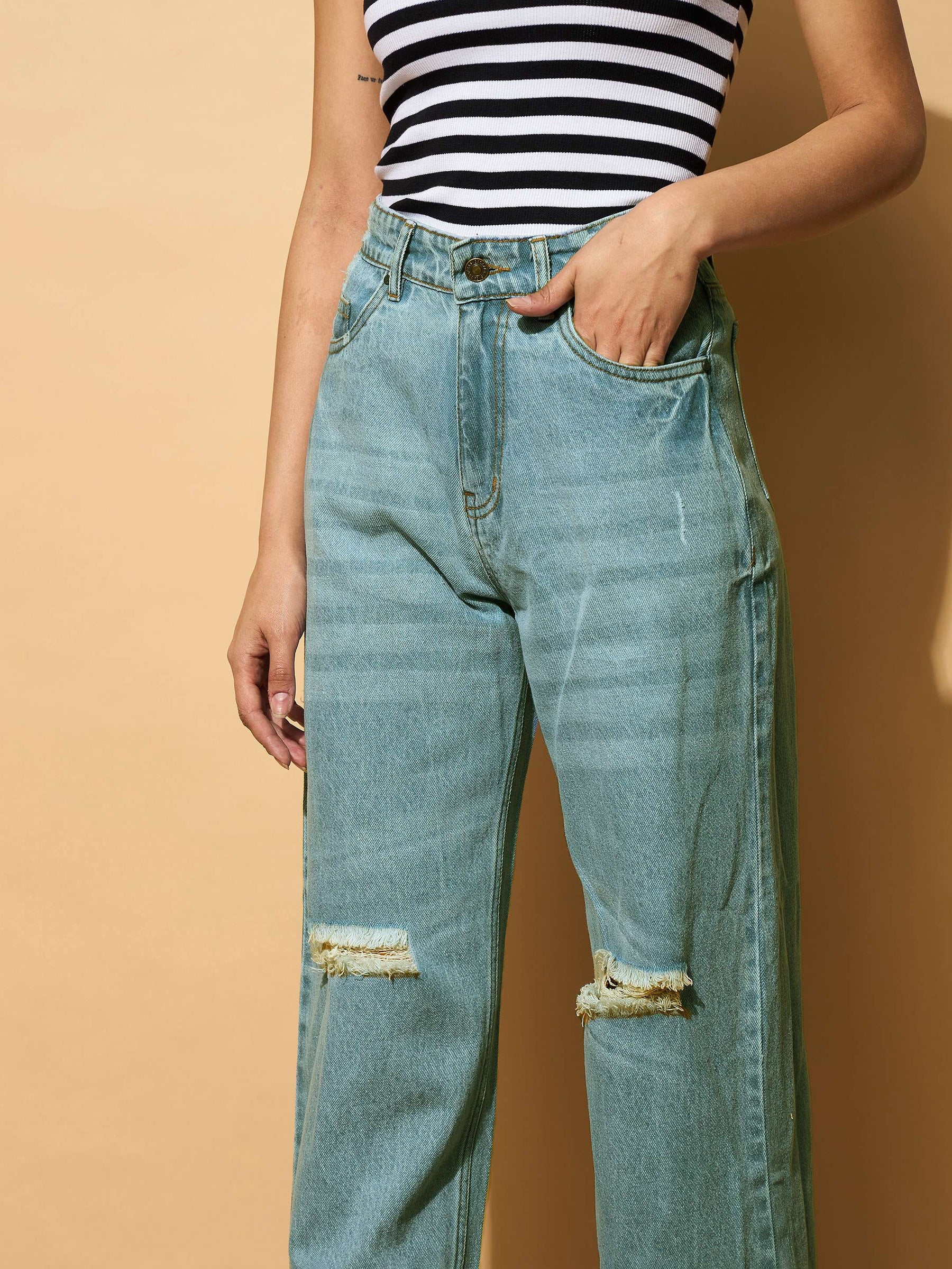 Turquoise Blue Wash Distressed Slashed Knee Frayed Jeans-SASSAFRAS BASICS