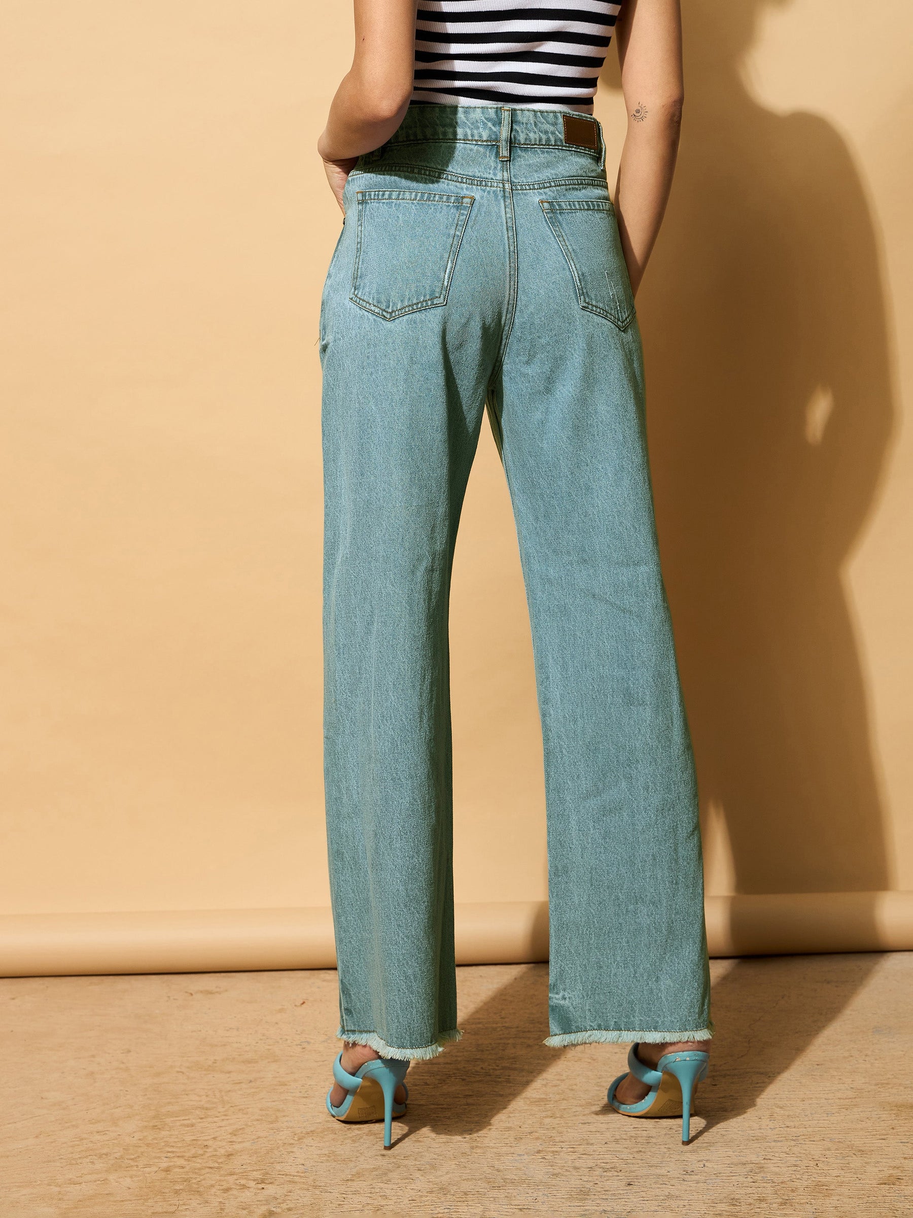 Turquoise Blue Wash Distressed Slashed Knee Frayed Jeans-SASSAFRAS BASICS