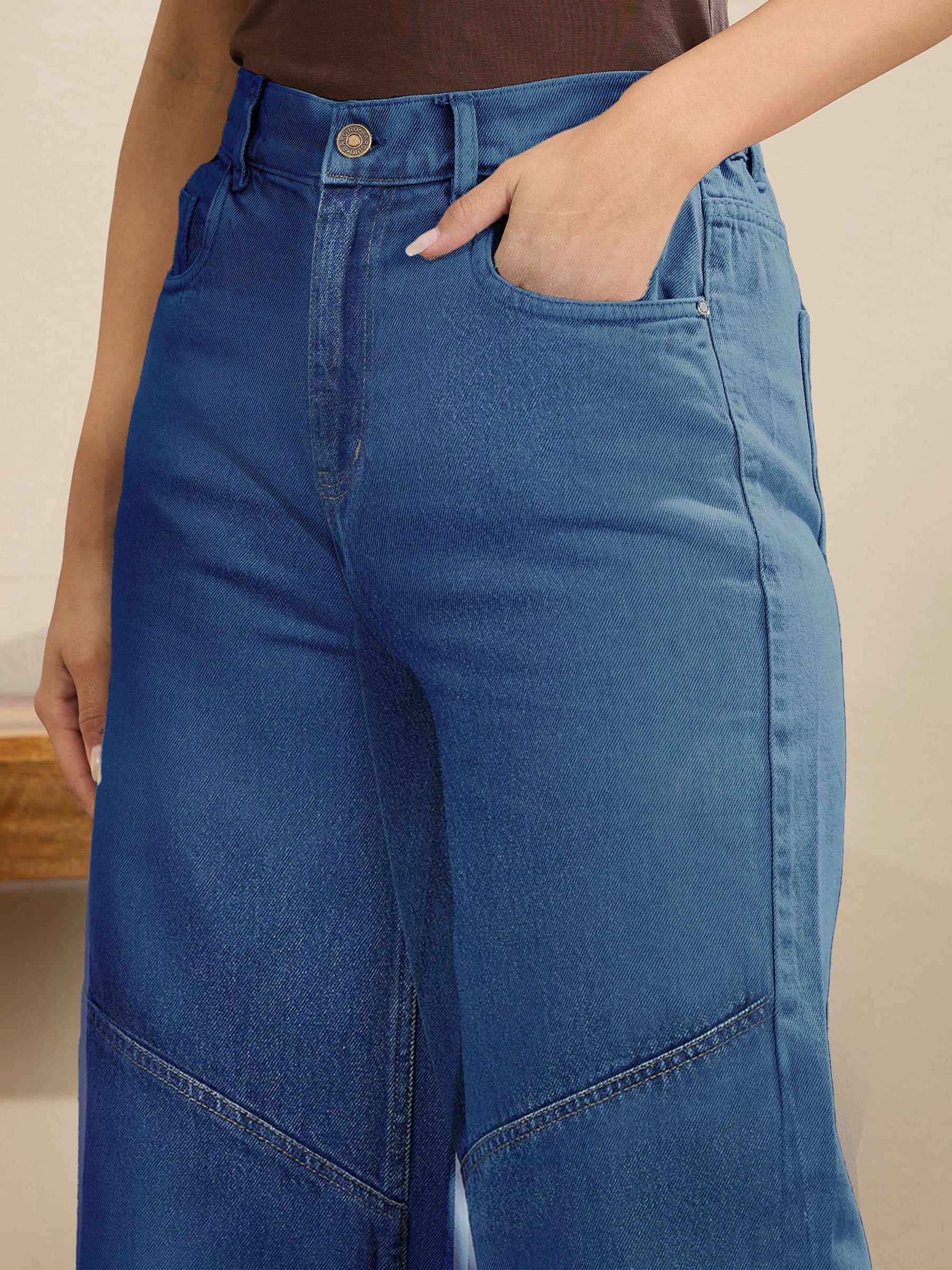Navy High-Rise Stitch Detail Straight Jeans-SASSAFRAS BASICS