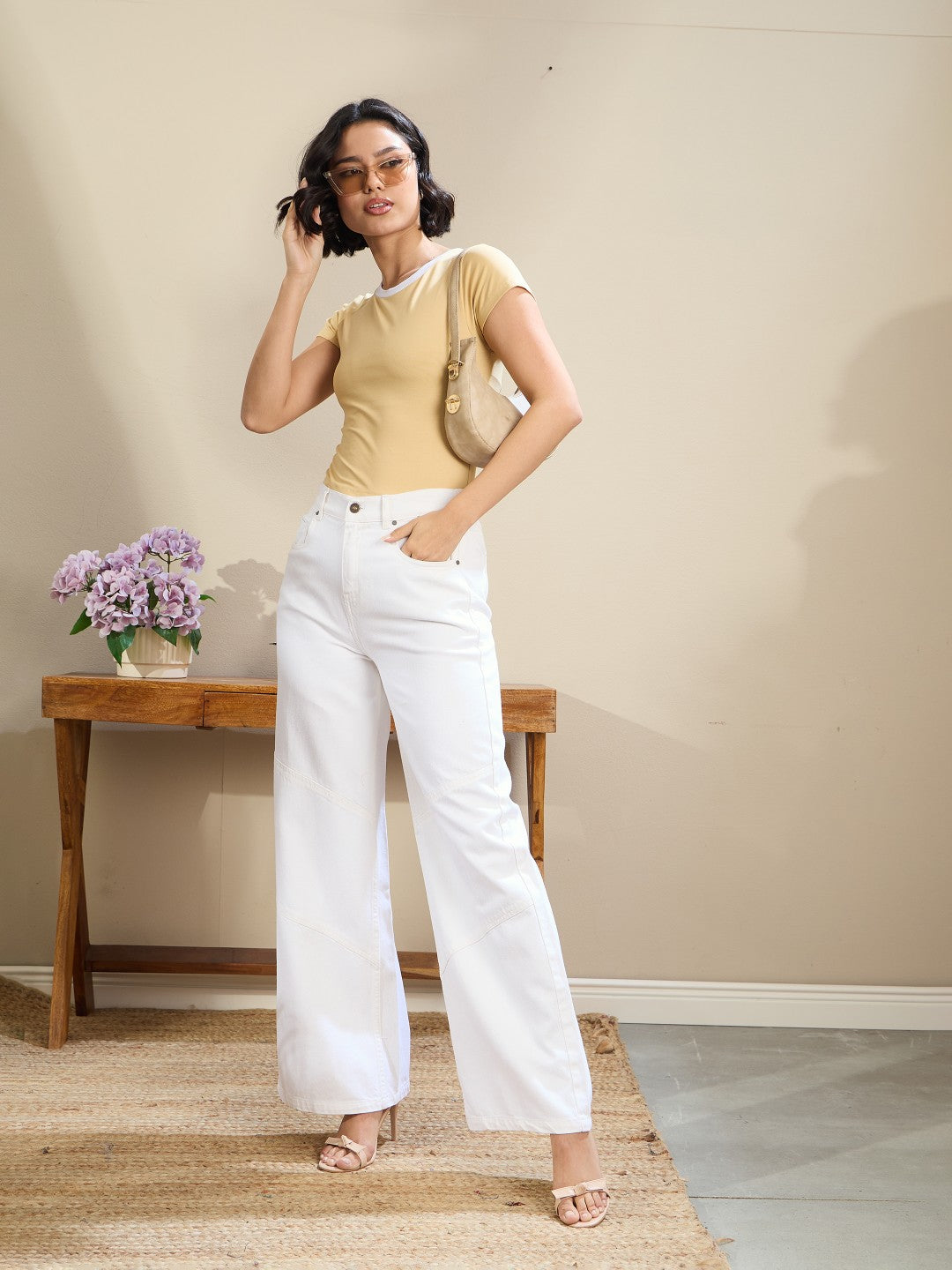 White High-Rise Stitch Detail Straight Jeans-SASSAFRAS BASICS