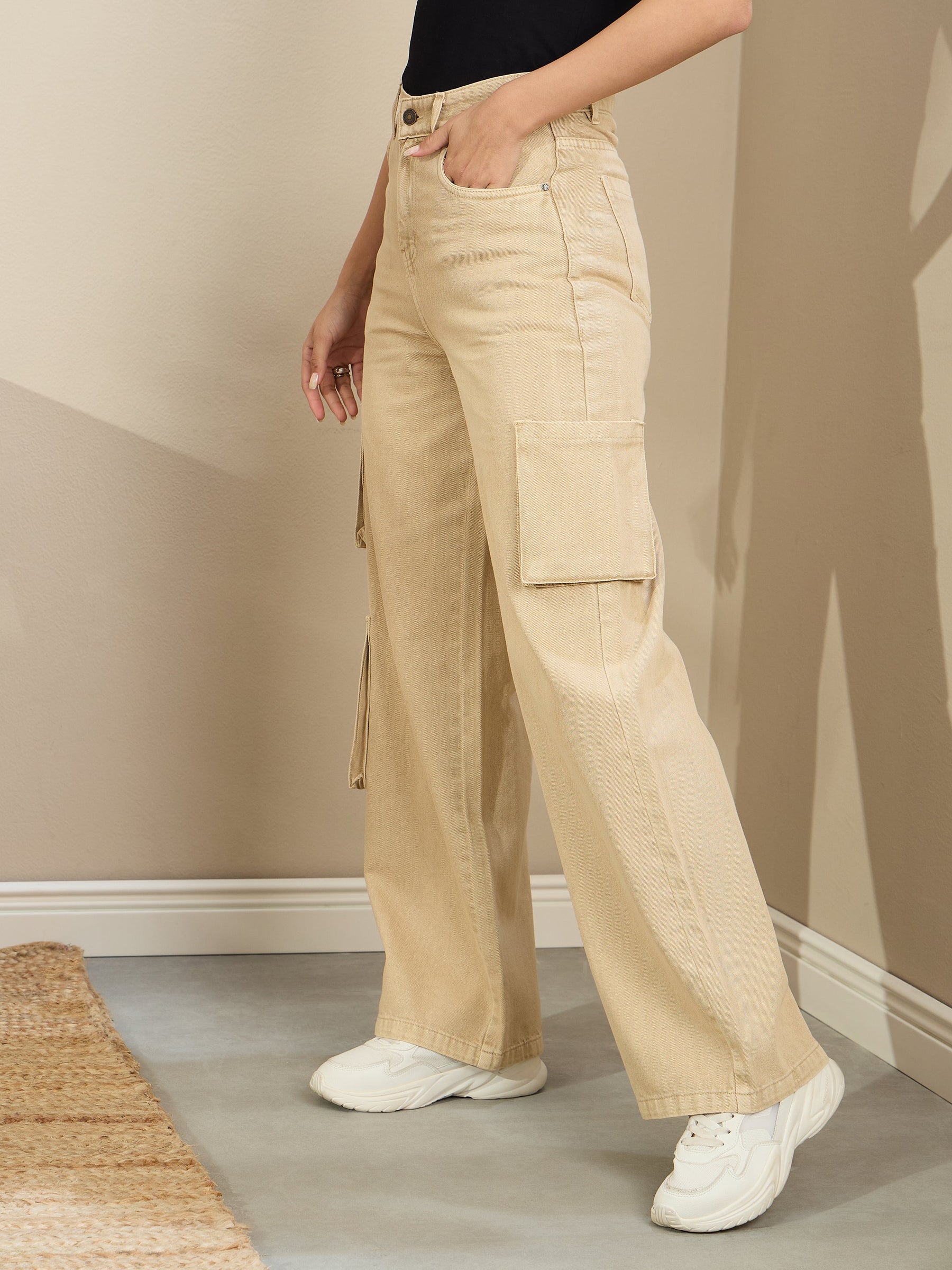Beige Box Pocket Straight Cargo Jeans-SASSAFRAS BASICS