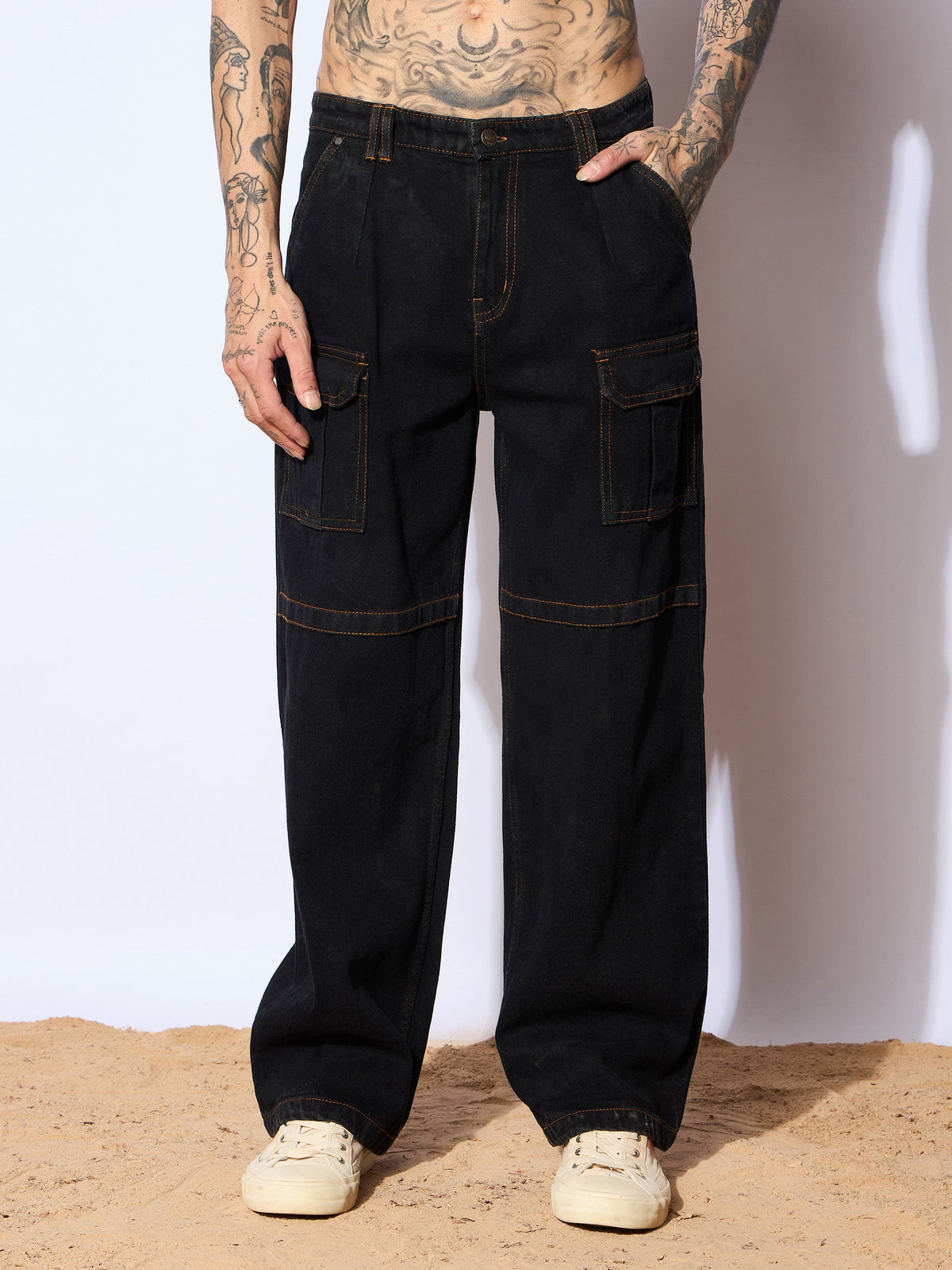 Black Side Pocket Baggy Cargo Jeans-MASCLN SASSAFRAS