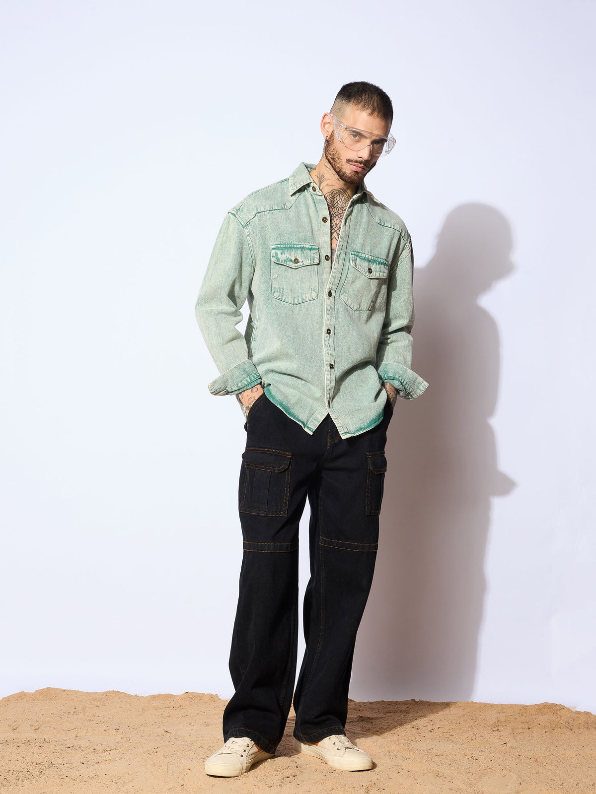 Black Side Pocket Baggy Cargo Jeans-MASCLN SASSAFRAS