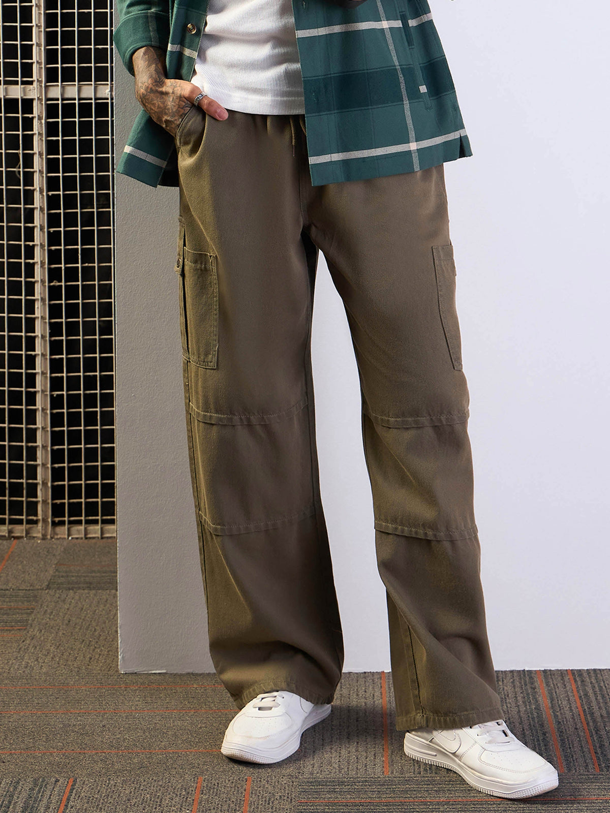 Khaki Front Detail Baggy Cargo Jeans-MASCLN SASSAFRAS
