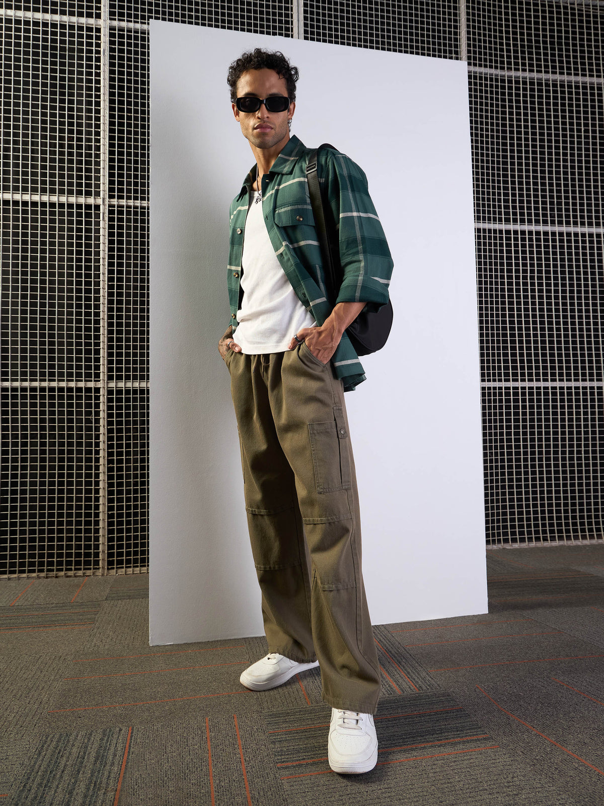 Khaki Front Detail Baggy Cargo Jeans-MASCLN SASSAFRAS