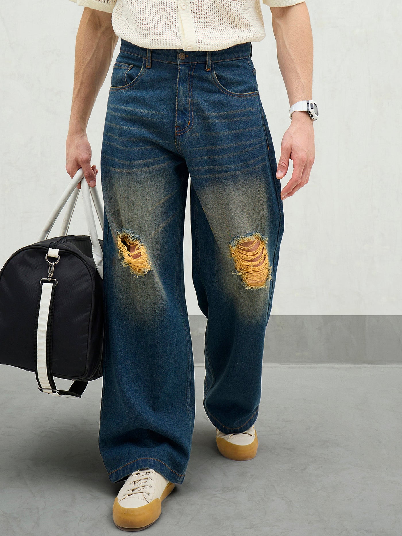 Blue Washed Knee Distressed Wide Leg Jeans-MASCLN SASSAFRAS