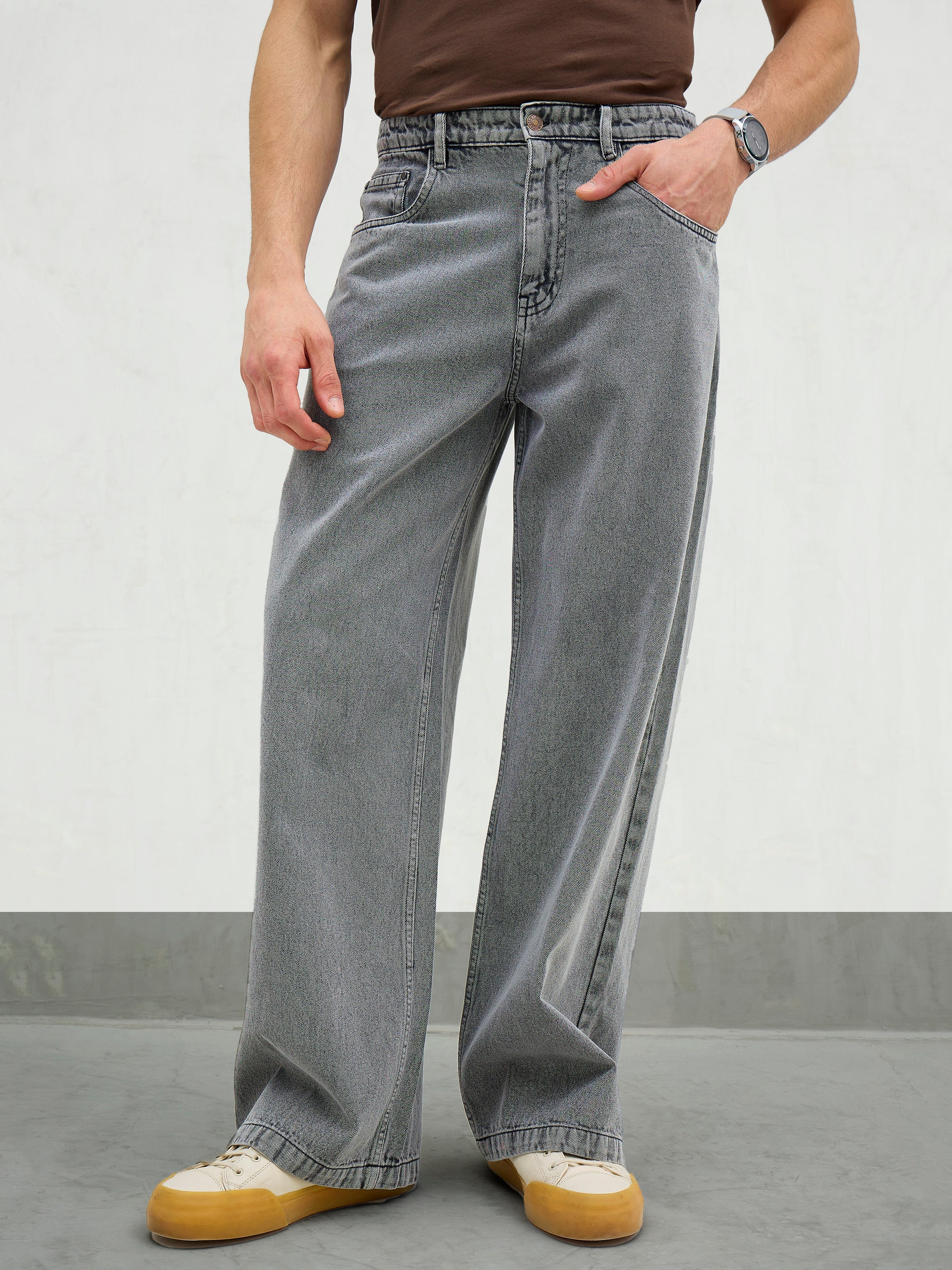 Men Light Grey Basic Wide Leg Jeans — free download