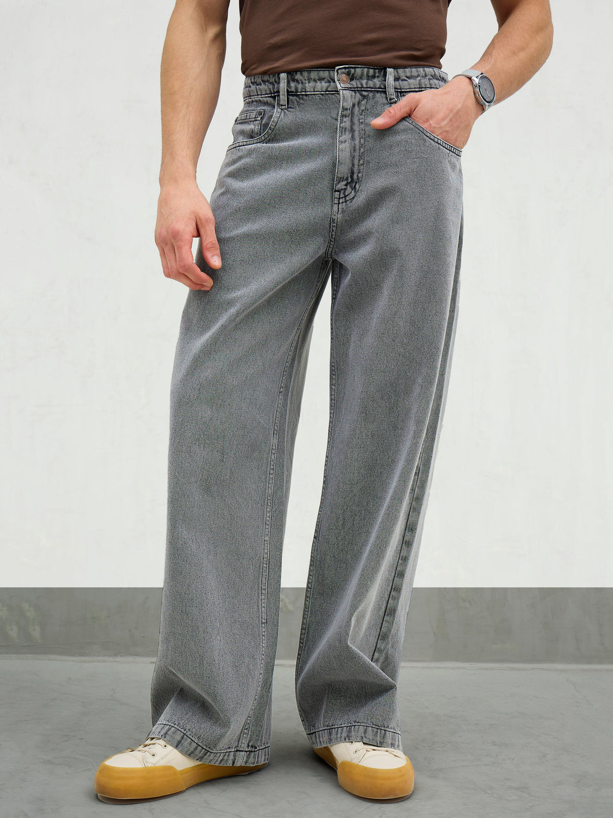 Light Grey Basic Wide Leg Jeans-MASCLN SASSAFRAS