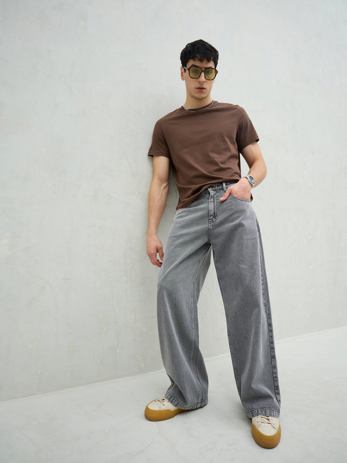 Light Grey Basic Wide Leg Jeans-MASCLN SASSAFRAS