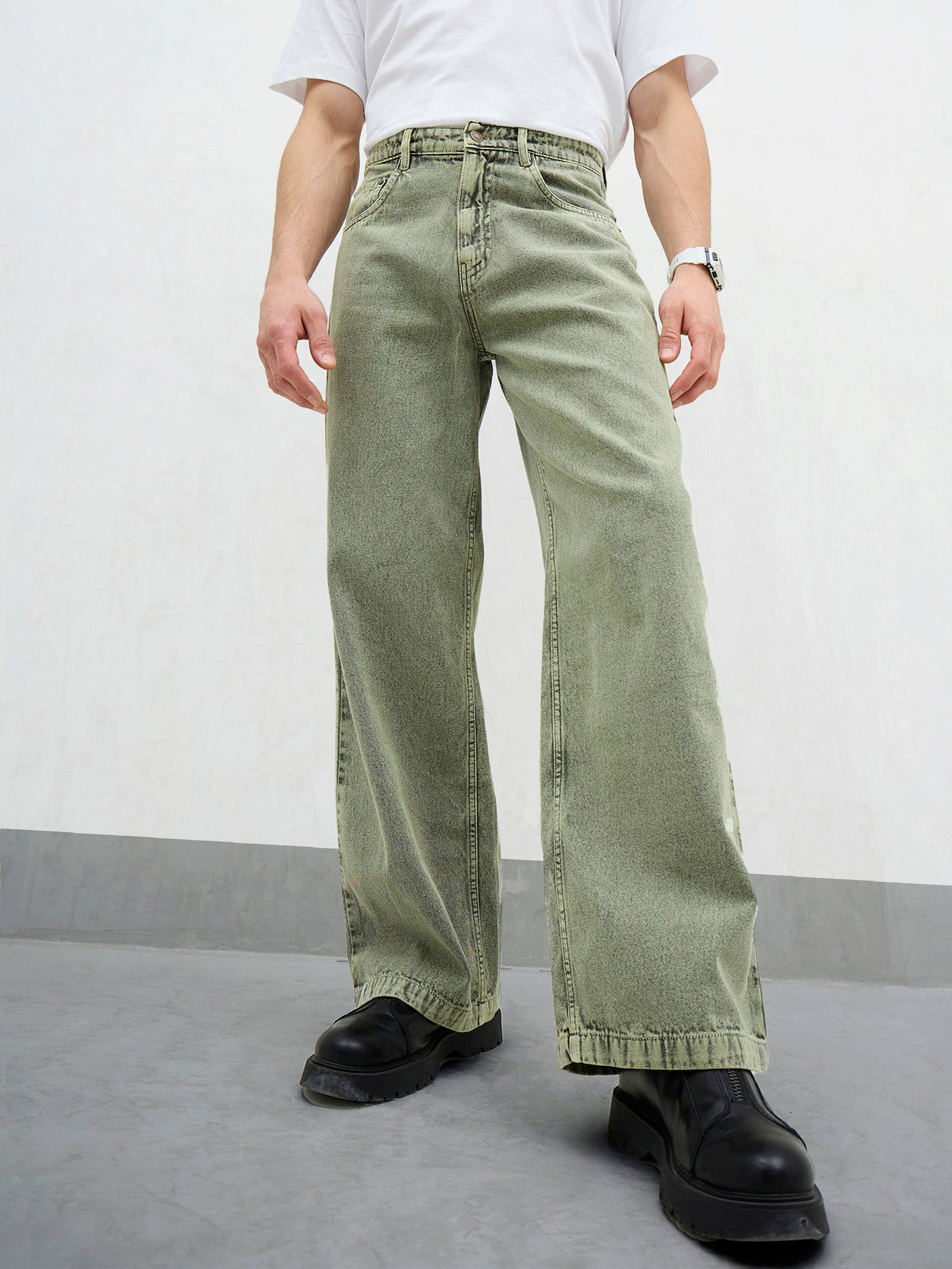 Light Green Basic Wide Leg Jeans-MASCLN SASSAFRAS