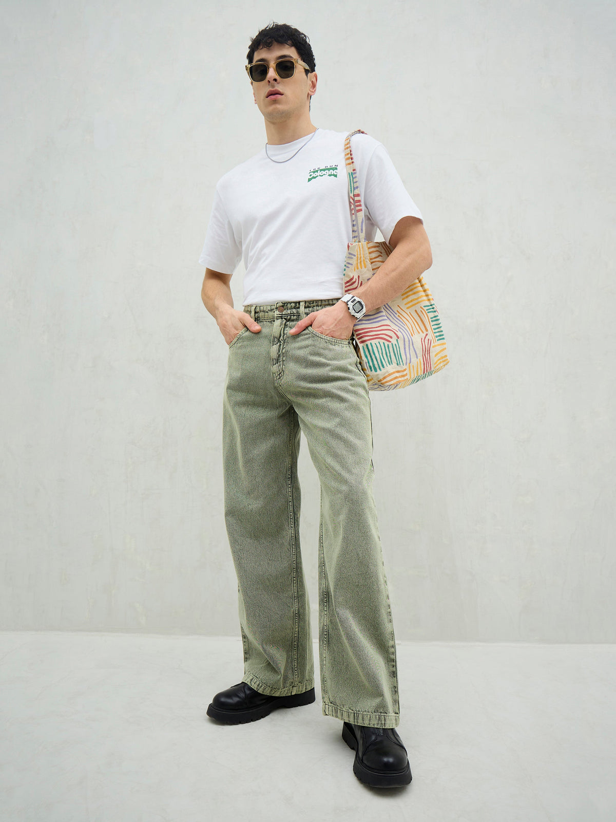 Light Green Basic Wide Leg Jeans-MASCLN SASSAFRAS