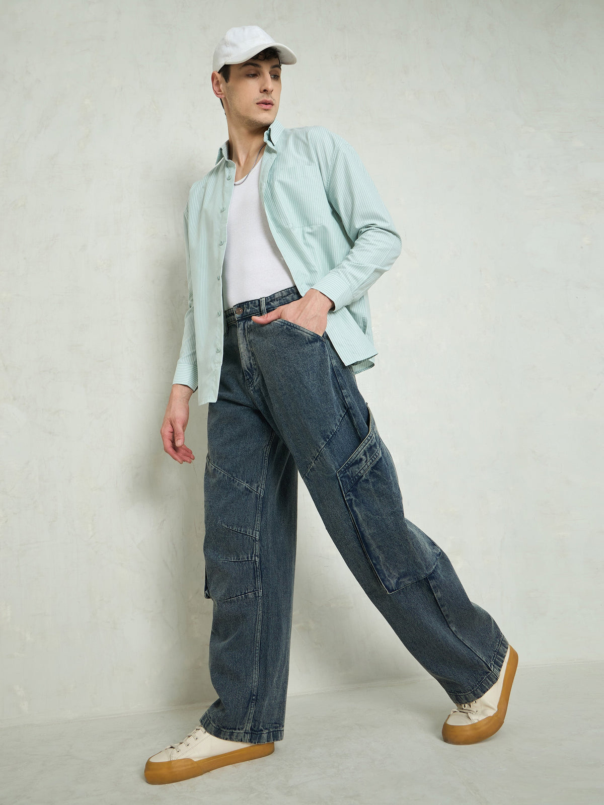 Blue Washed Big Cargo Pockets Wide Leg Jeans-MASCLN SASSAFRAS