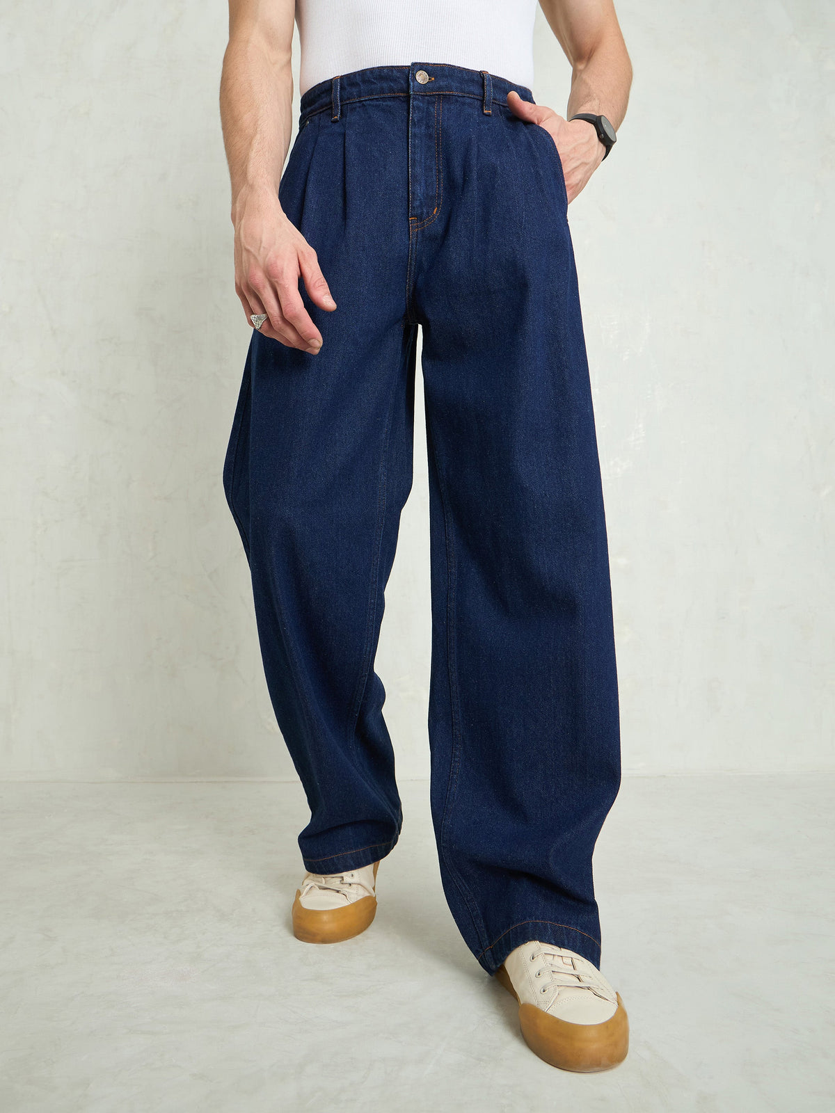 Navy Blue Front Dart Wide Leg Jeans-MASCLN SASSAFRAS