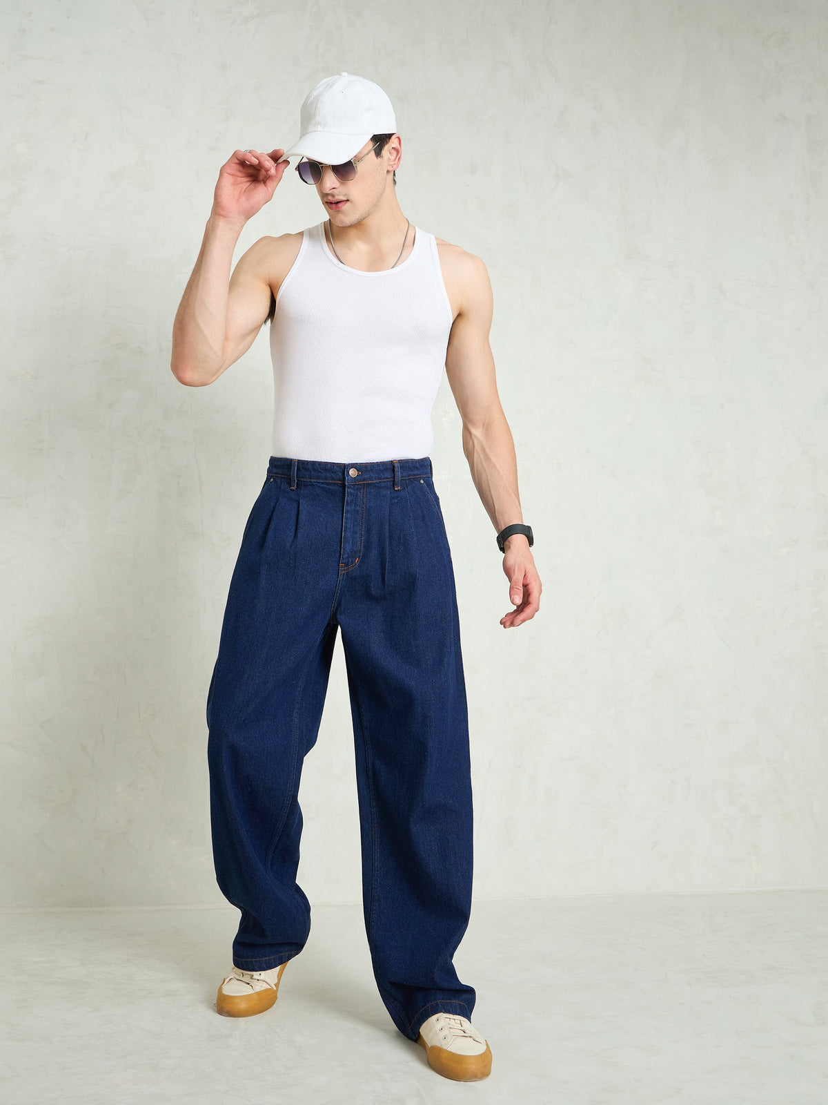 Navy Blue Front Dart Wide Leg Jeans-MASCLN SASSAFRAS