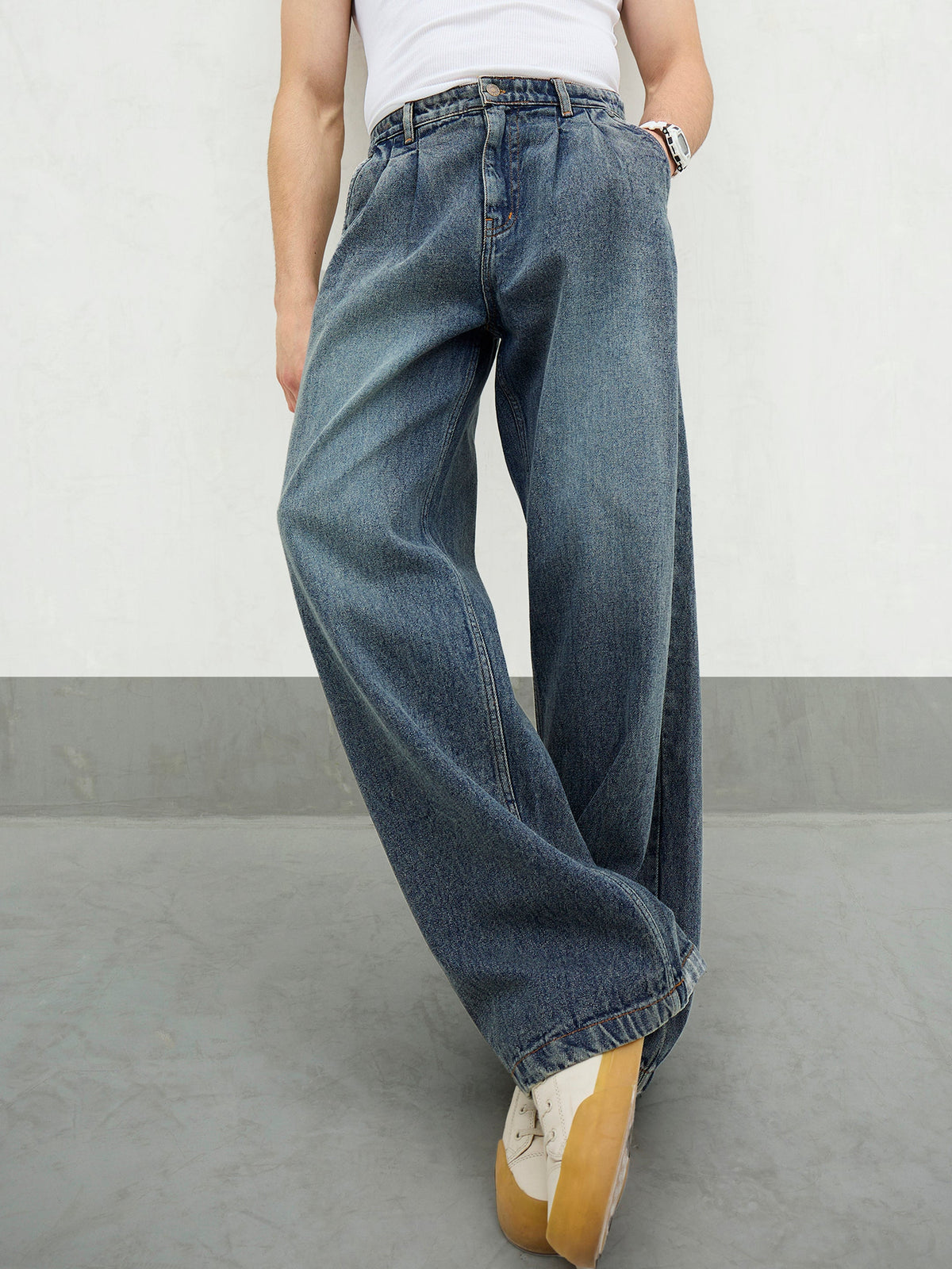 Blue Washed Front Dart Wide Leg Jeans-MASCLN SASSAFRAS