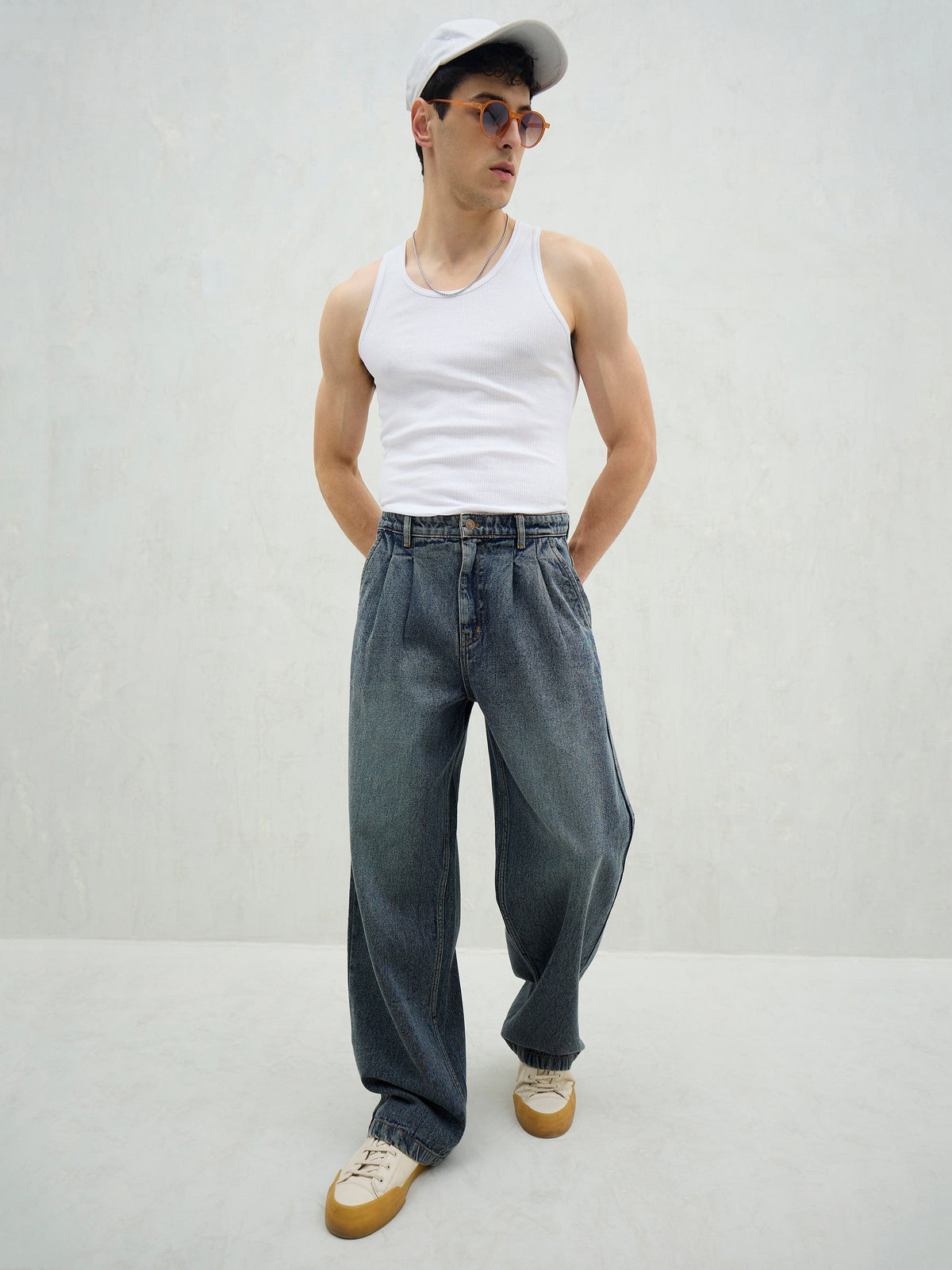 Blue Washed Front Dart Wide Leg Jeans-MASCLN SASSAFRAS