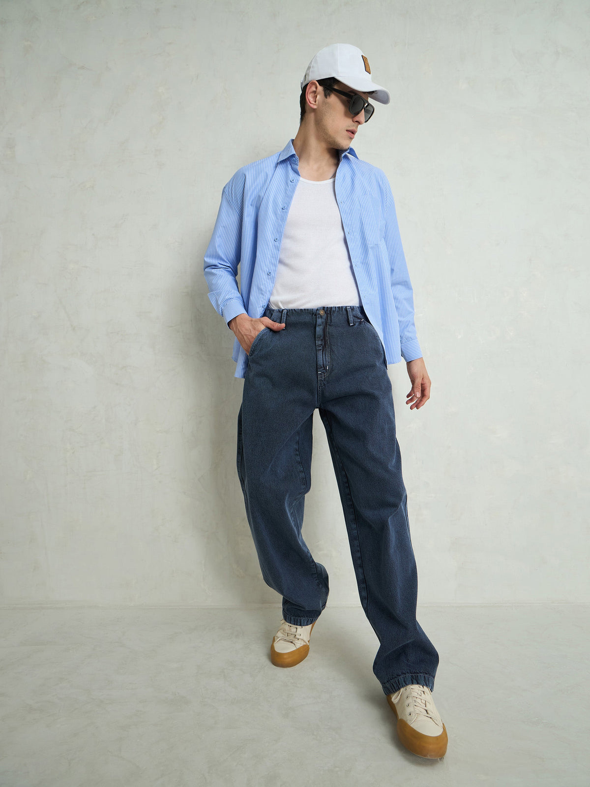Light Blue Contrast Thread Detail Wide Leg Jeans-MASCLN SASSAFRAS