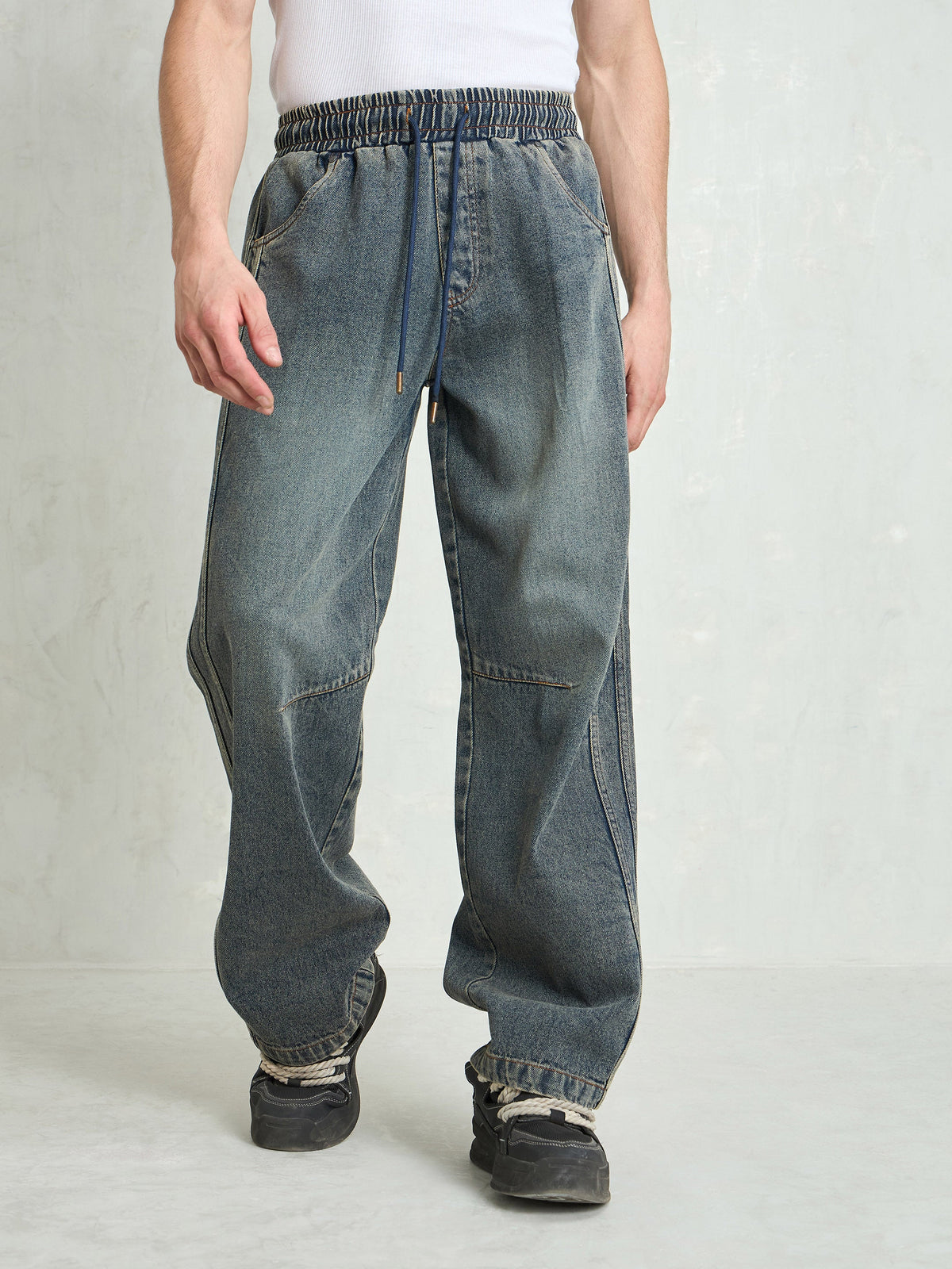 Blue Washed Knee Dart Wide Leg Jeans-MASCLN SASSAFRAS