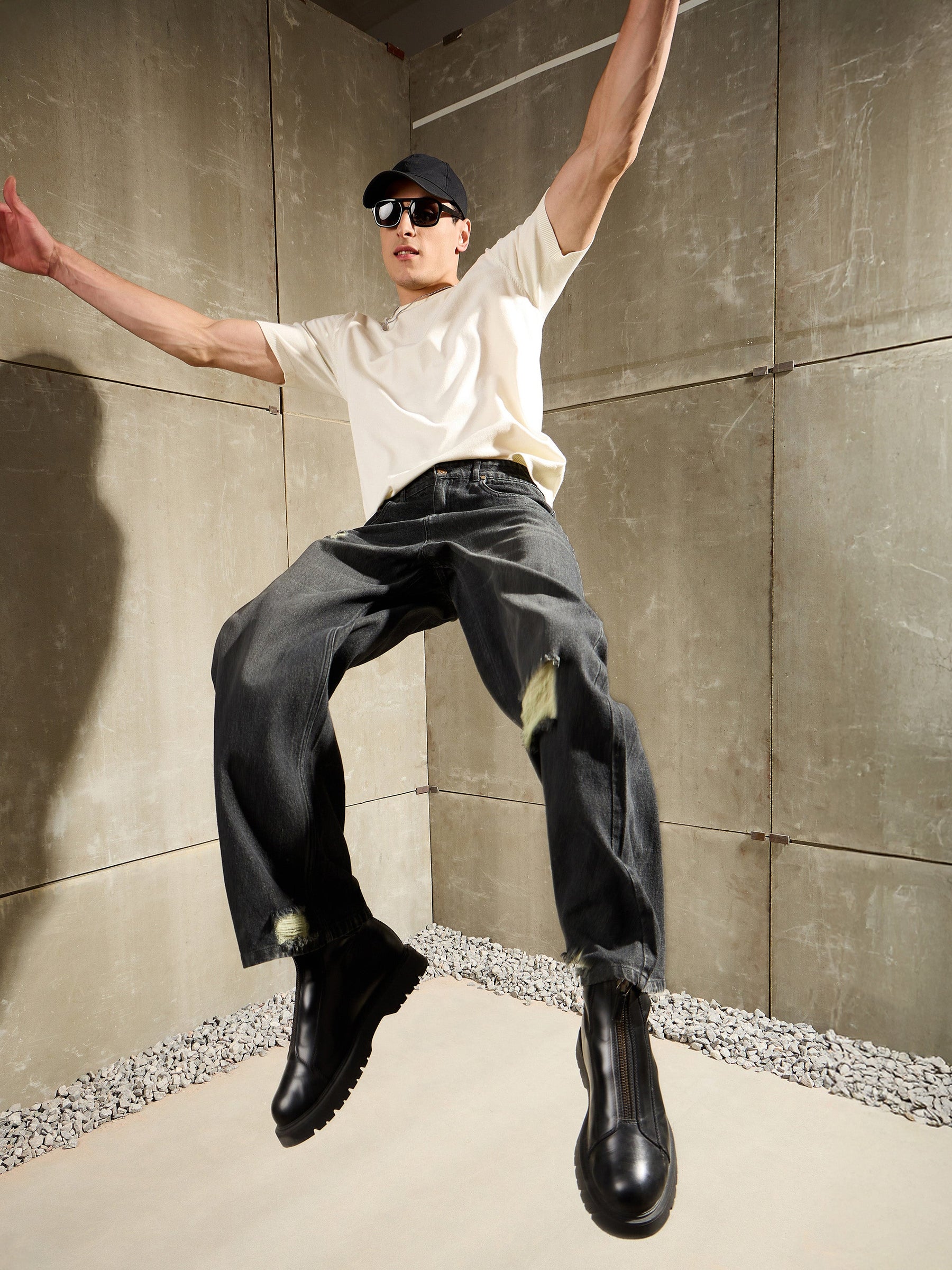 Black Distressed Whisker Wash Wide Leg Jeans-MASCLN SASSAFRAS