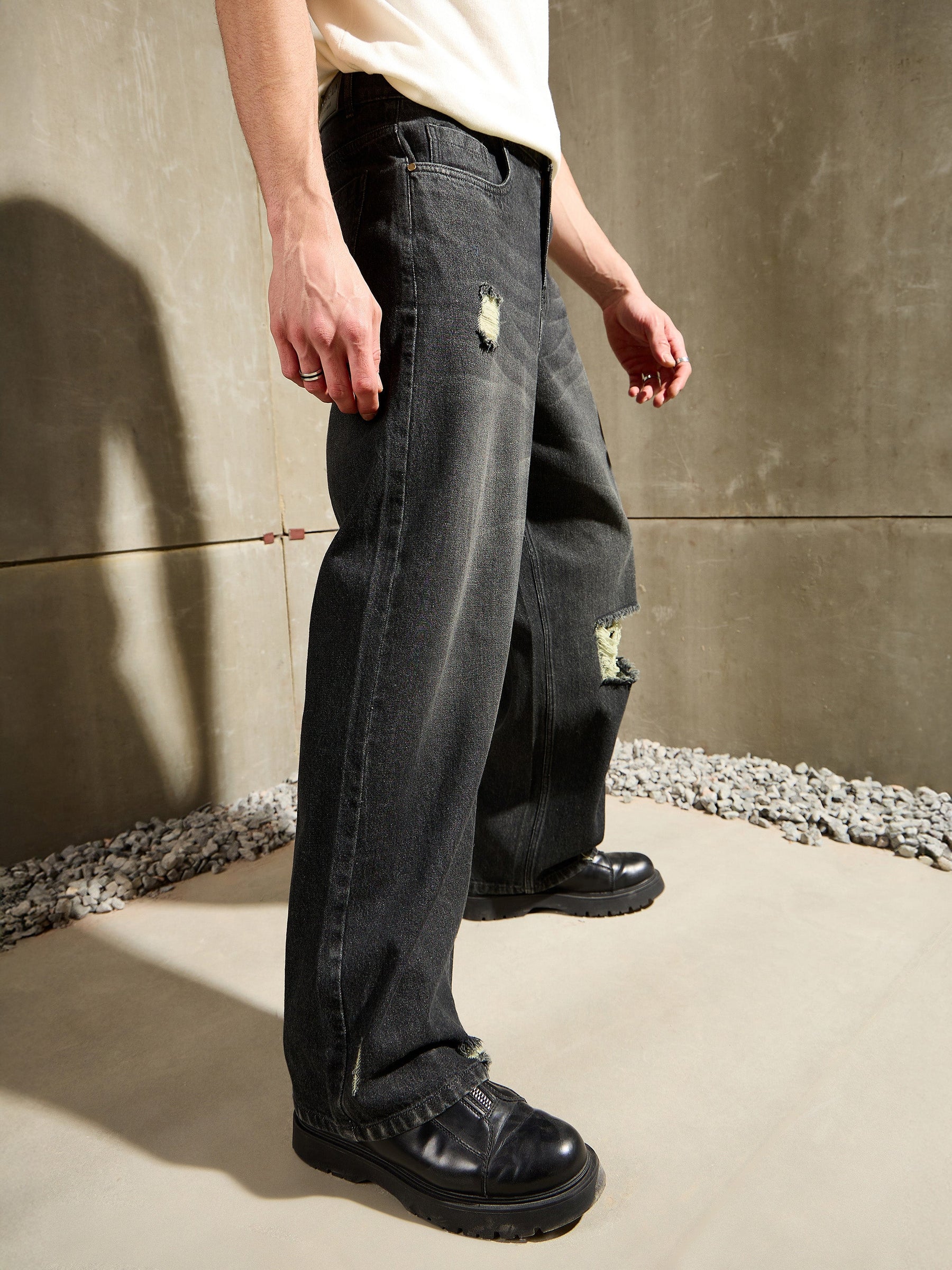 Black Distressed Whisker Wash Wide Leg Jeans-MASCLN SASSAFRAS