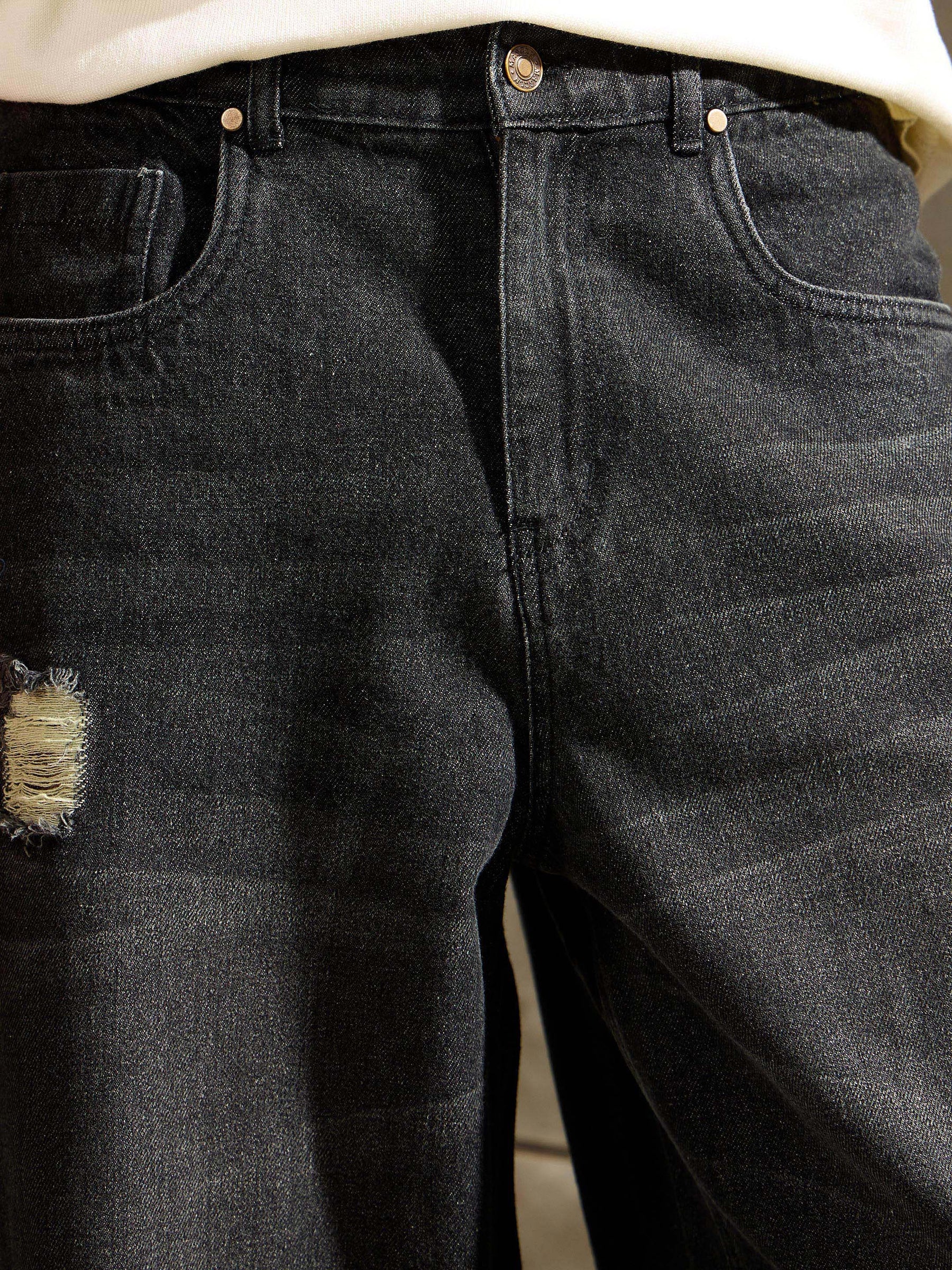 Black Distressed Whisker Wash Wide Leg Jeans-MASCLN SASSAFRAS