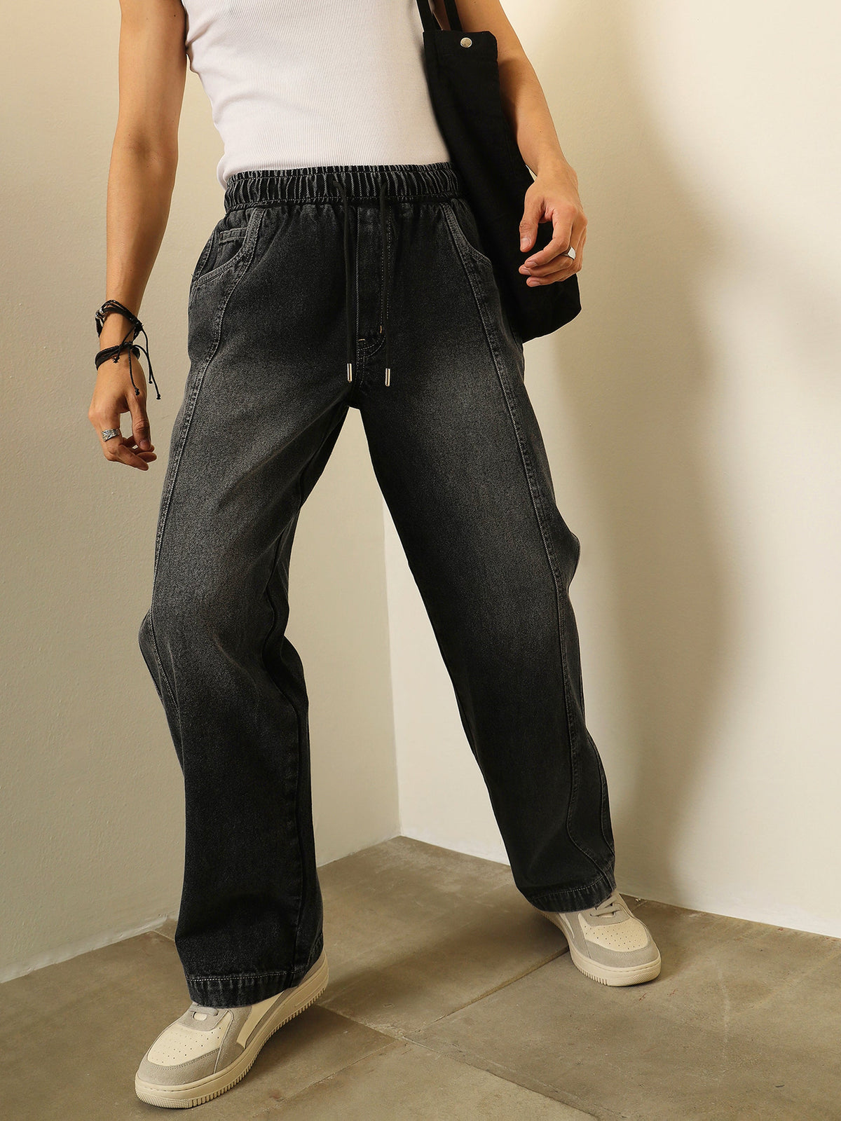 Black Washed Seam-Detail Relax Fit Jogger Jeans-MASCLN SASSAFRAS