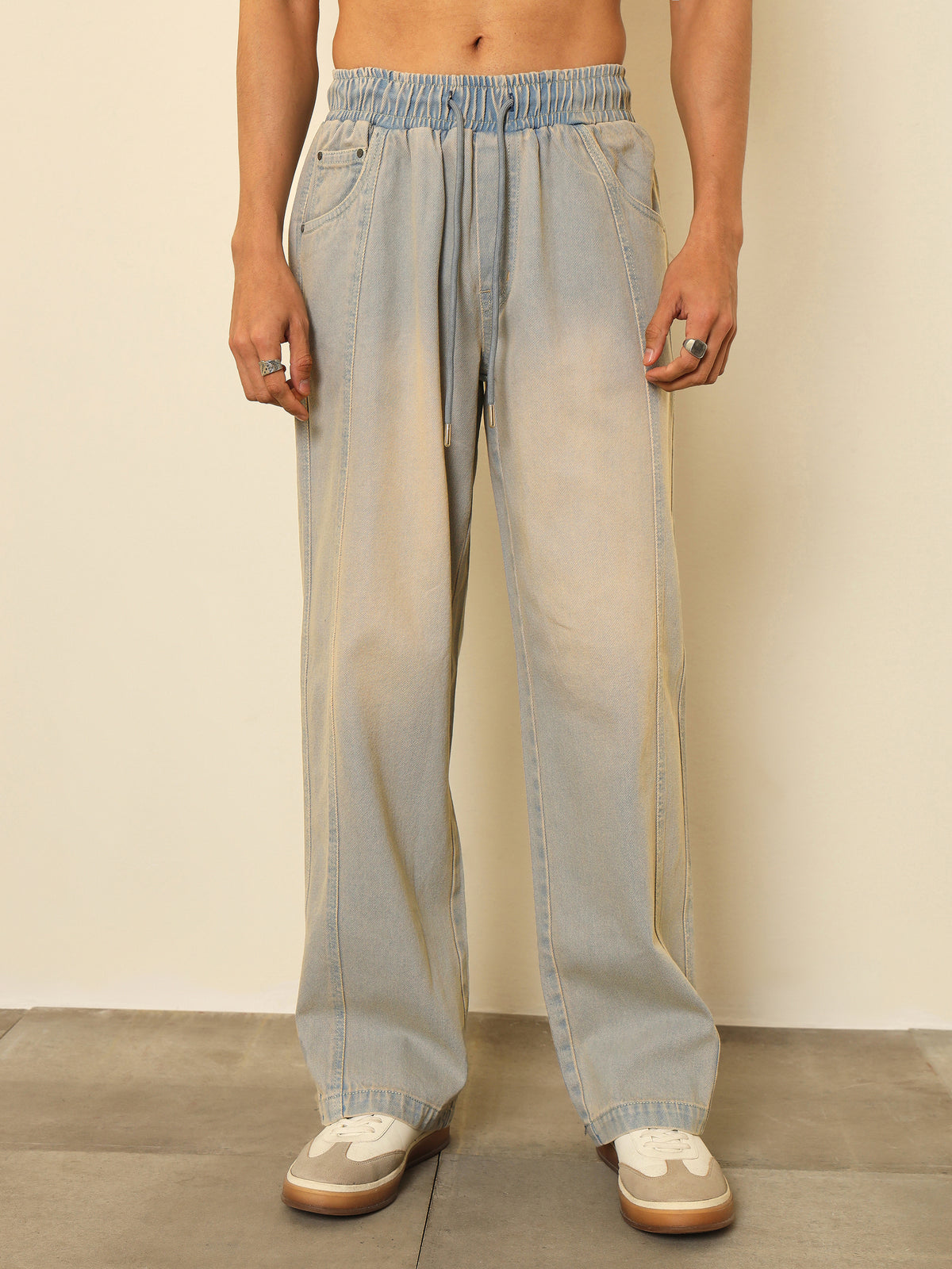 Men Light Blue Seam-Detail Relax Fit Jogger Jeans
