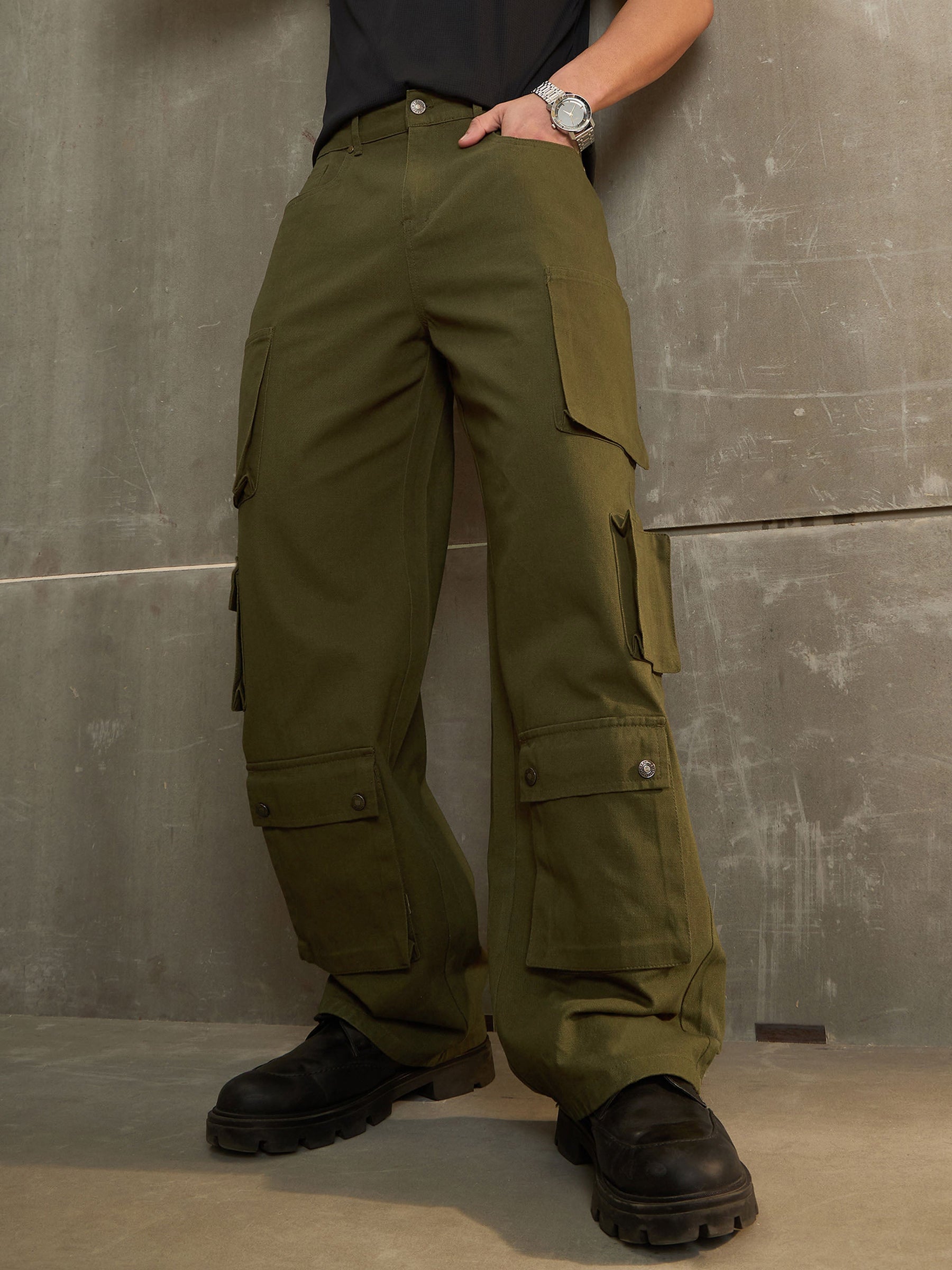 Green Twill Utility Pockets Wide Leg Cargo Pants-MASCLN SASSAFRAS