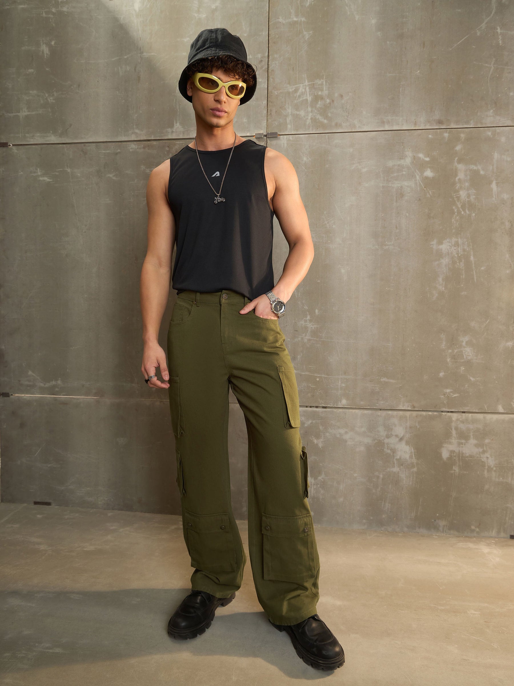 Green Twill Utility Pockets Wide Leg Cargo Pants-MASCLN SASSAFRAS