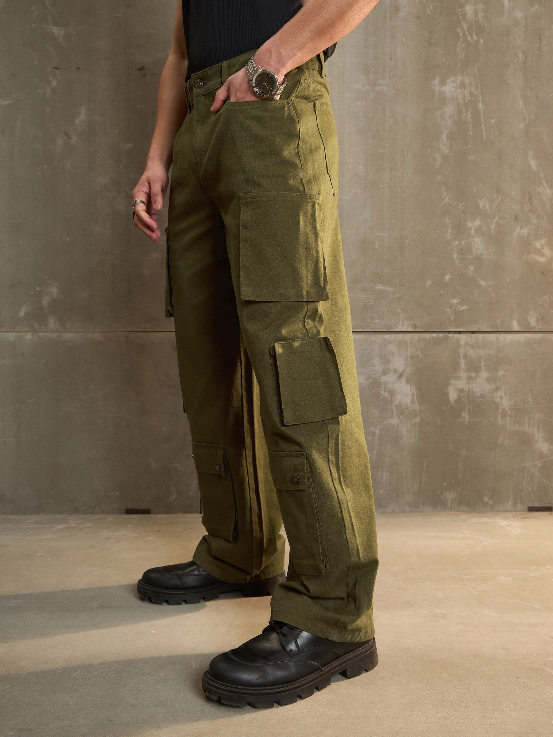 Green Twill Utility Pockets Wide Leg Cargo Pants-MASCLN SASSAFRAS
