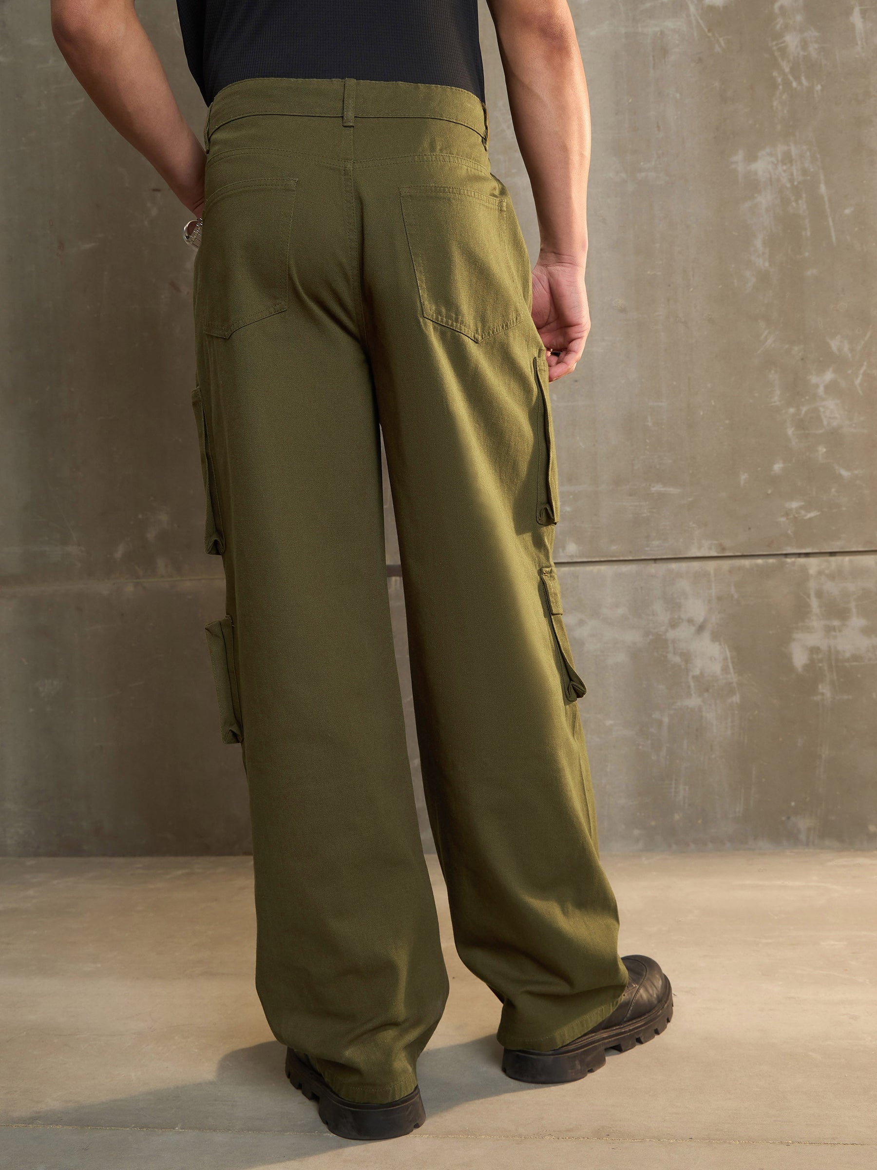 Green Twill Utility Pockets Wide Leg Cargo Pants-MASCLN SASSAFRAS