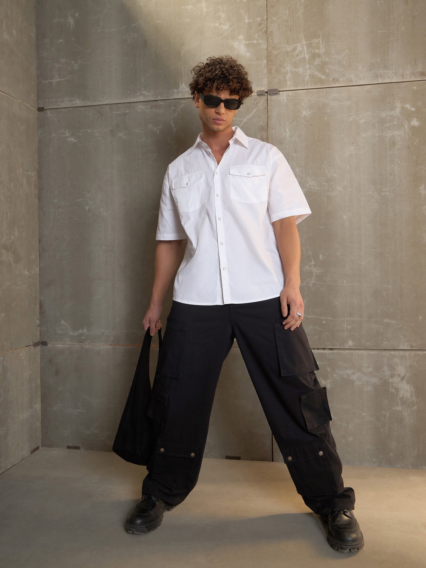 Black Twill Utility Pockets Wide Leg Cargo Pants-MASCLN SASSAFRAS