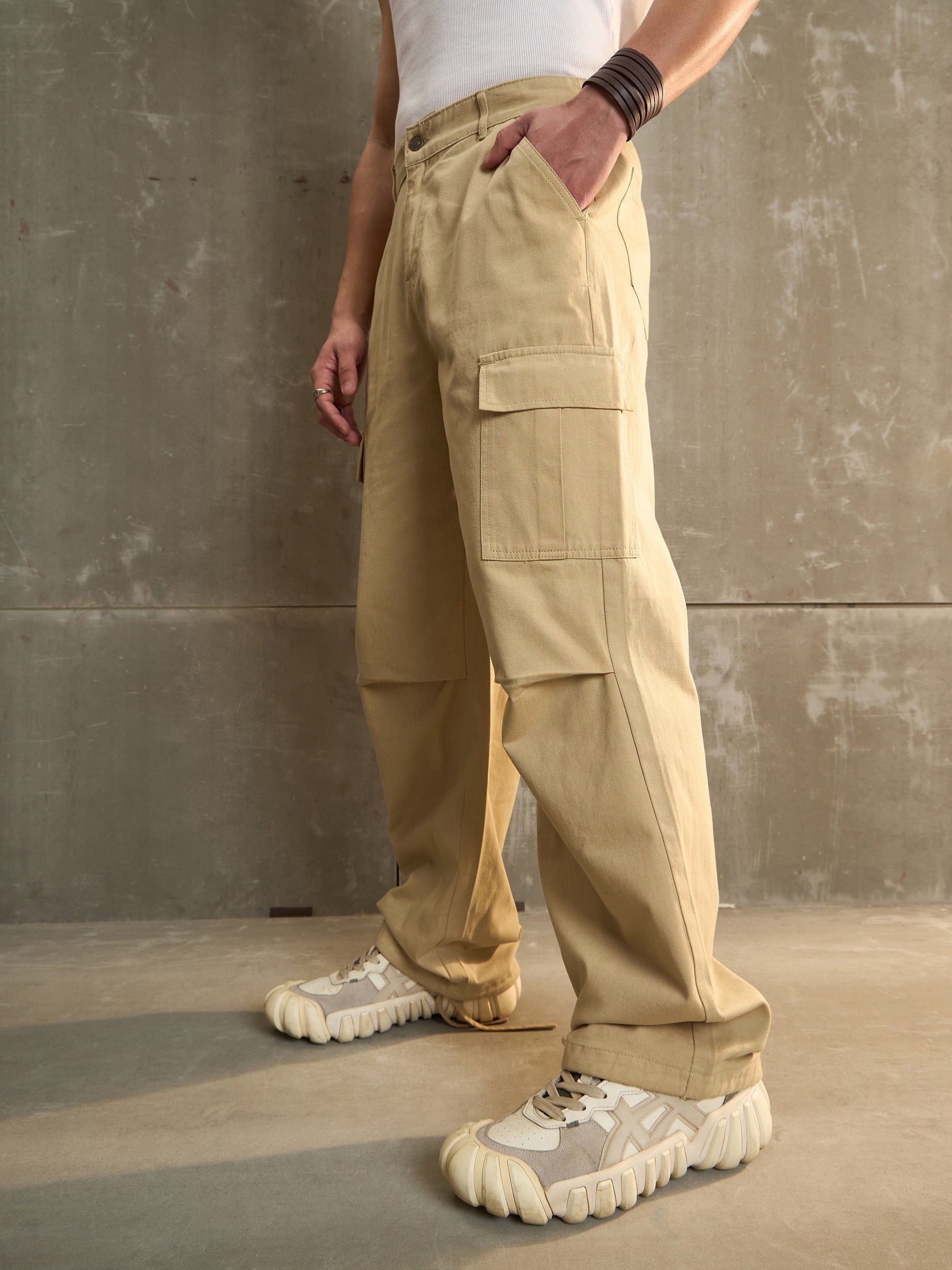 Beige Twill Facing Detail Wide Leg Cargo Pants-MASCLN SASSAFRAS