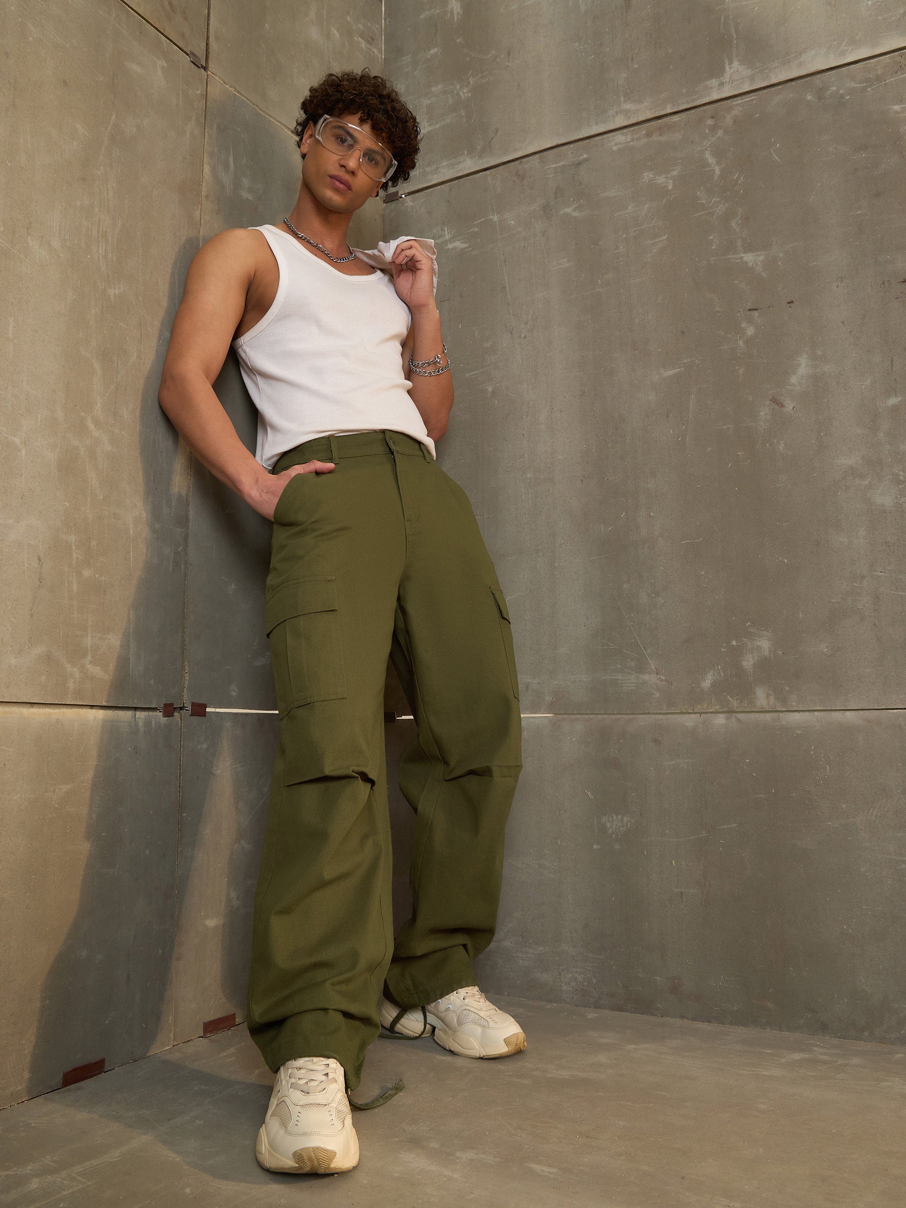Green Twill Facing Detail Wide Leg Cargo Pants-MASCLN SASSAFRAS