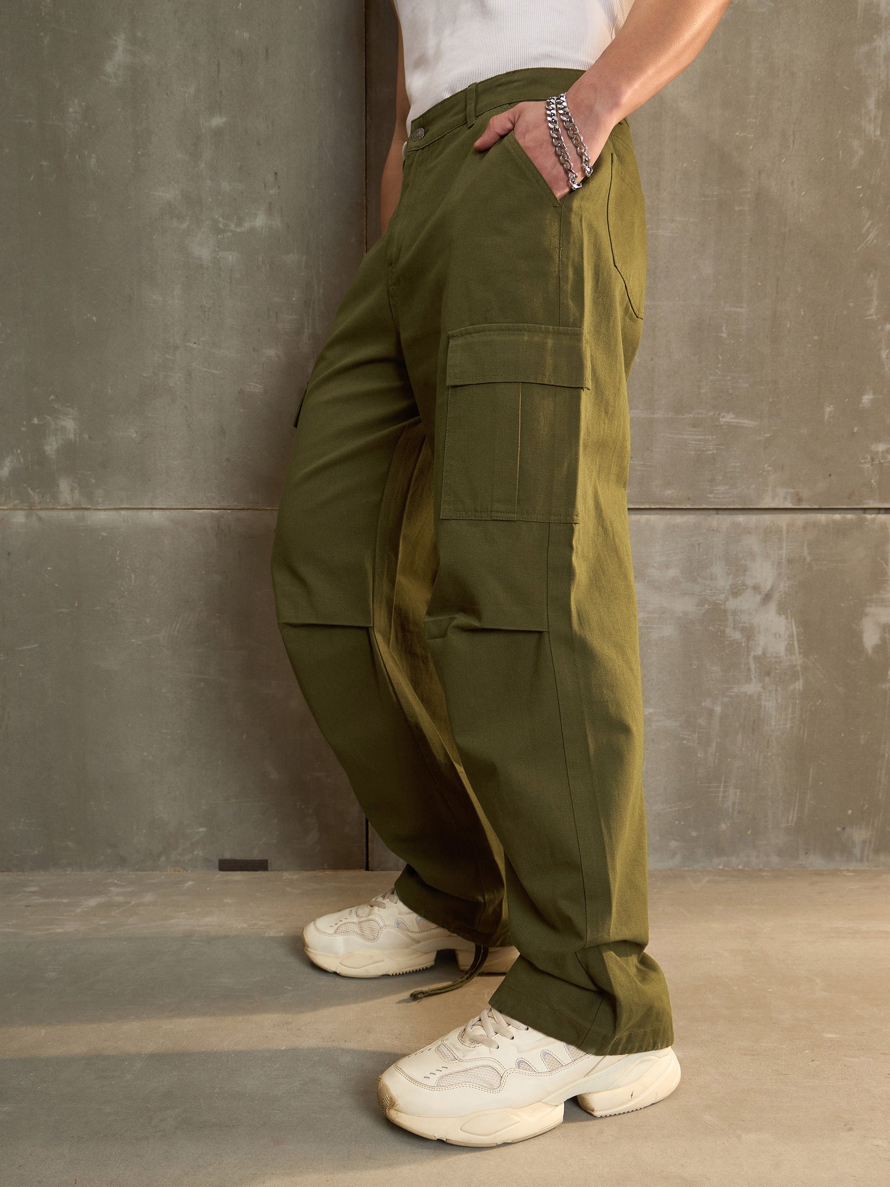 Green Twill Facing Detail Wide Leg Cargo Pants-MASCLN SASSAFRAS