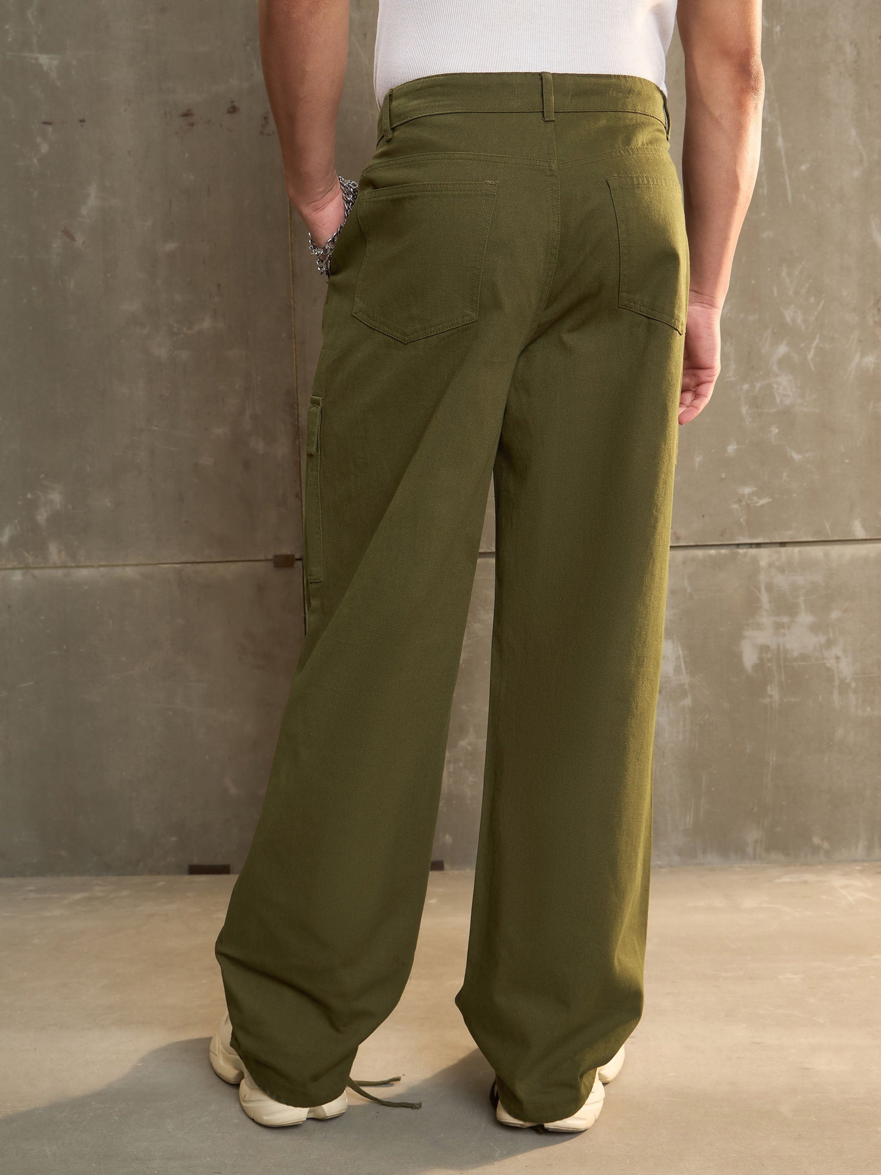 Green Twill Facing Detail Wide Leg Cargo Pants-MASCLN SASSAFRAS
