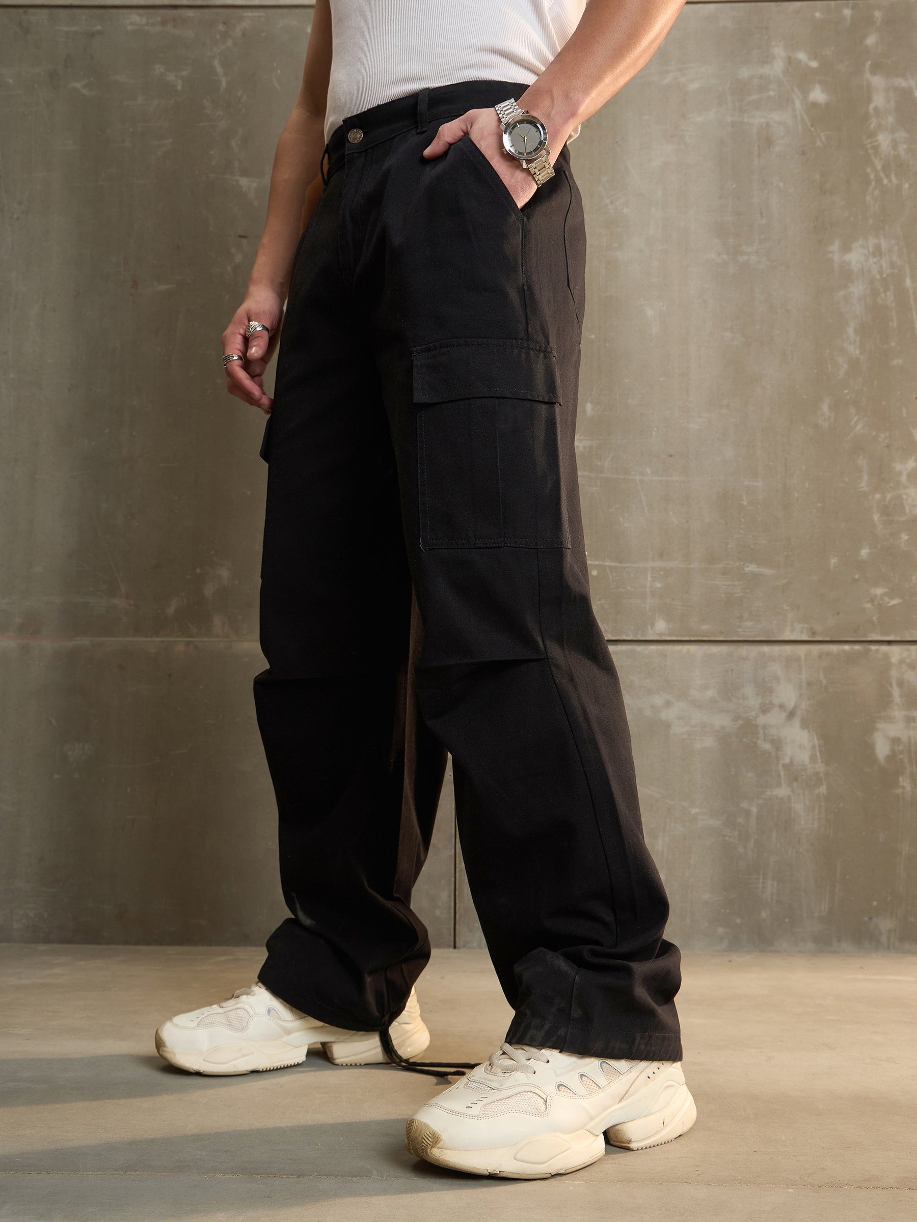 Black Twill Facing Detail Wide Leg Cargo Pants-MASCLN SASSAFRAS