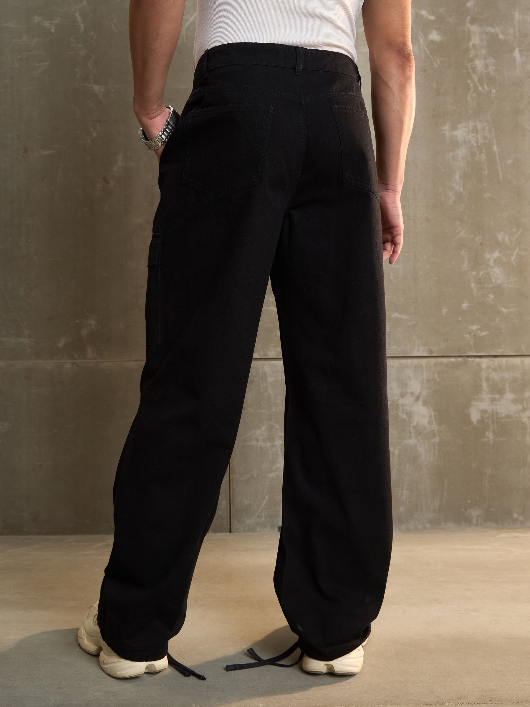 Black Twill Facing Detail Wide Leg Cargo Pants-MASCLN SASSAFRAS