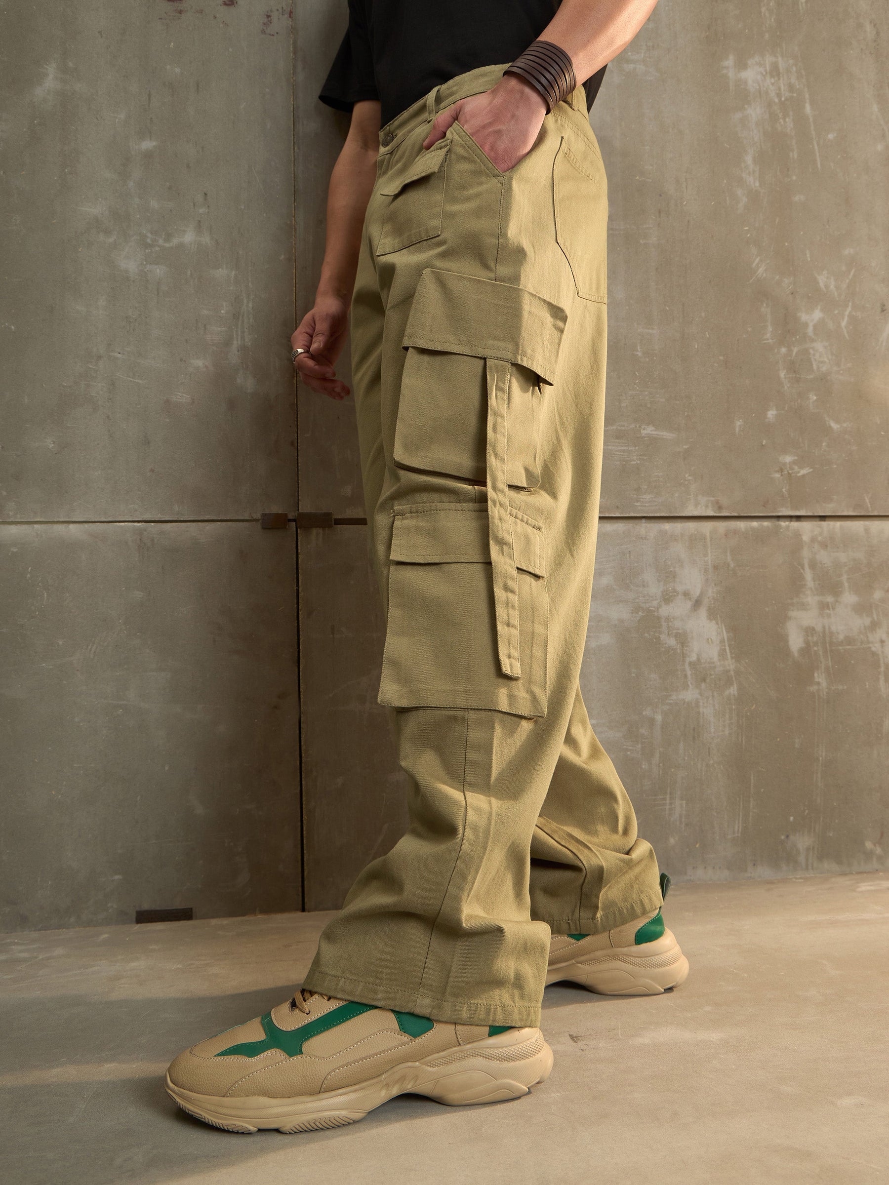 Olive Twill Cargo Pockets Wide Leg Pants-MASCLN SASSAFRAS