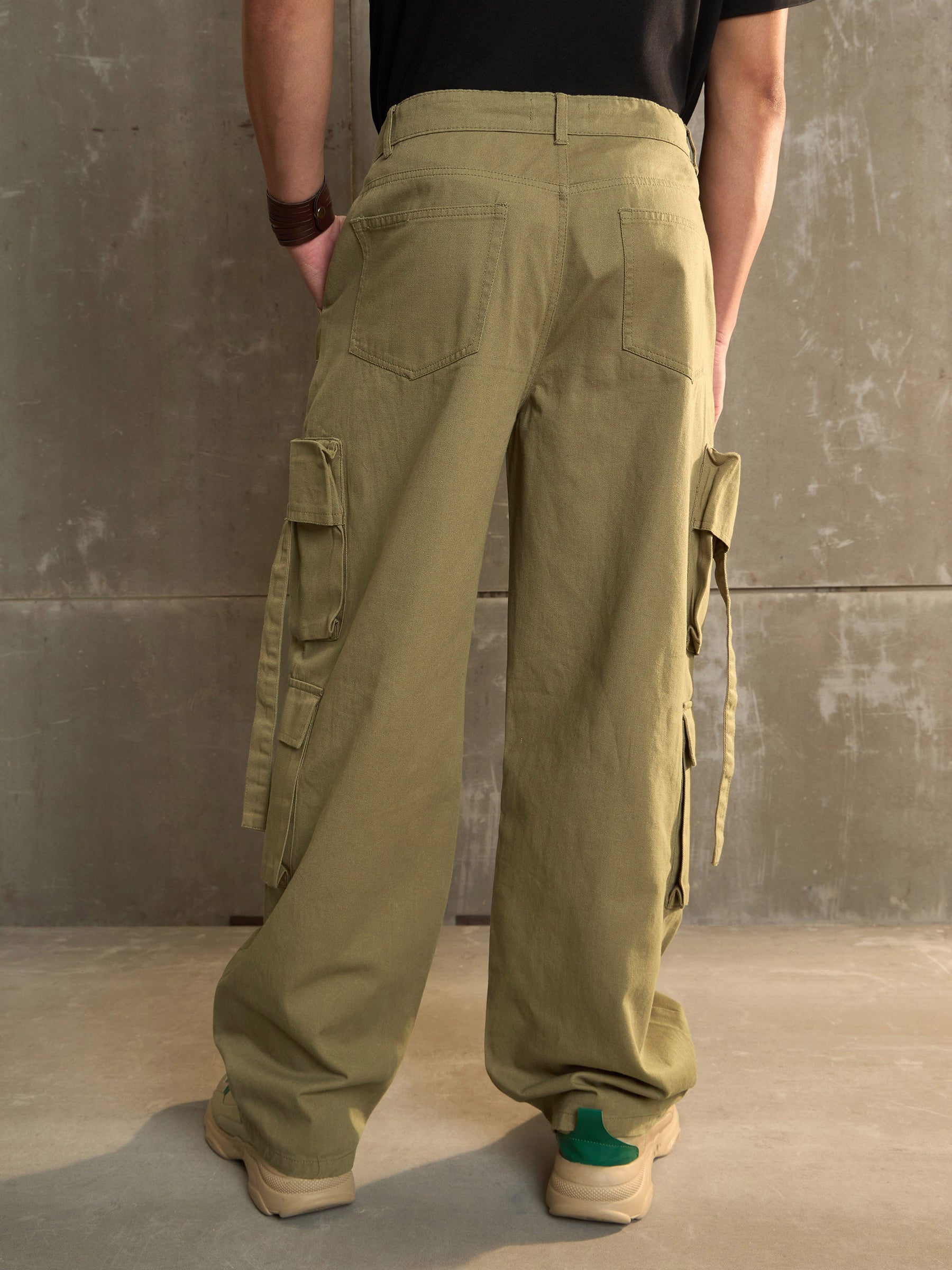 Olive Twill Cargo Pockets Wide Leg Pants-MASCLN SASSAFRAS