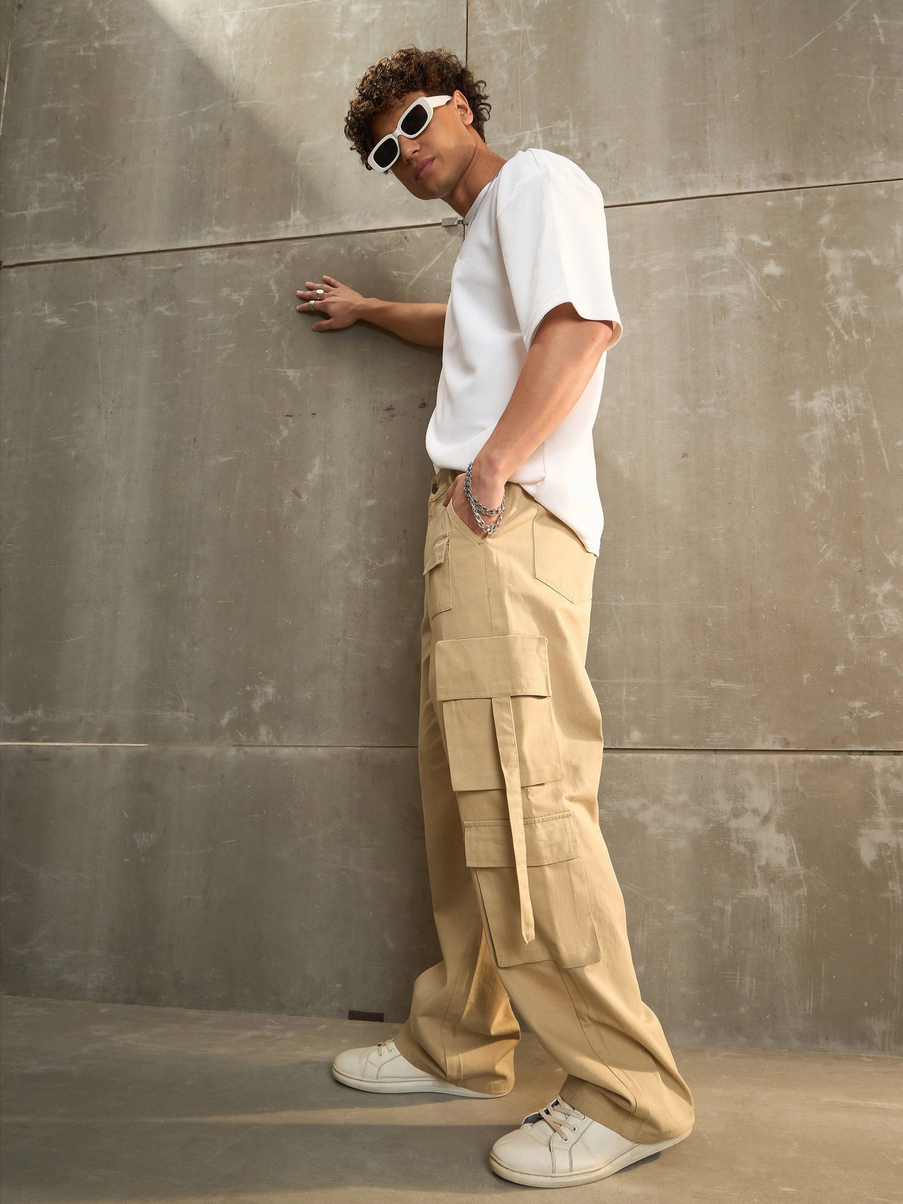 Beige Twill Cargo Pockets Wide Leg Pants-MASCLN SASSAFRAS