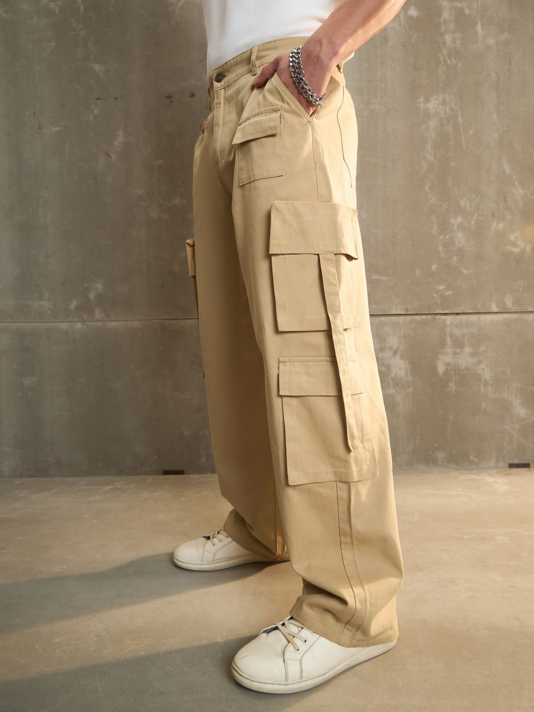 Beige Twill Cargo Pockets Wide Leg Pants-MASCLN SASSAFRAS