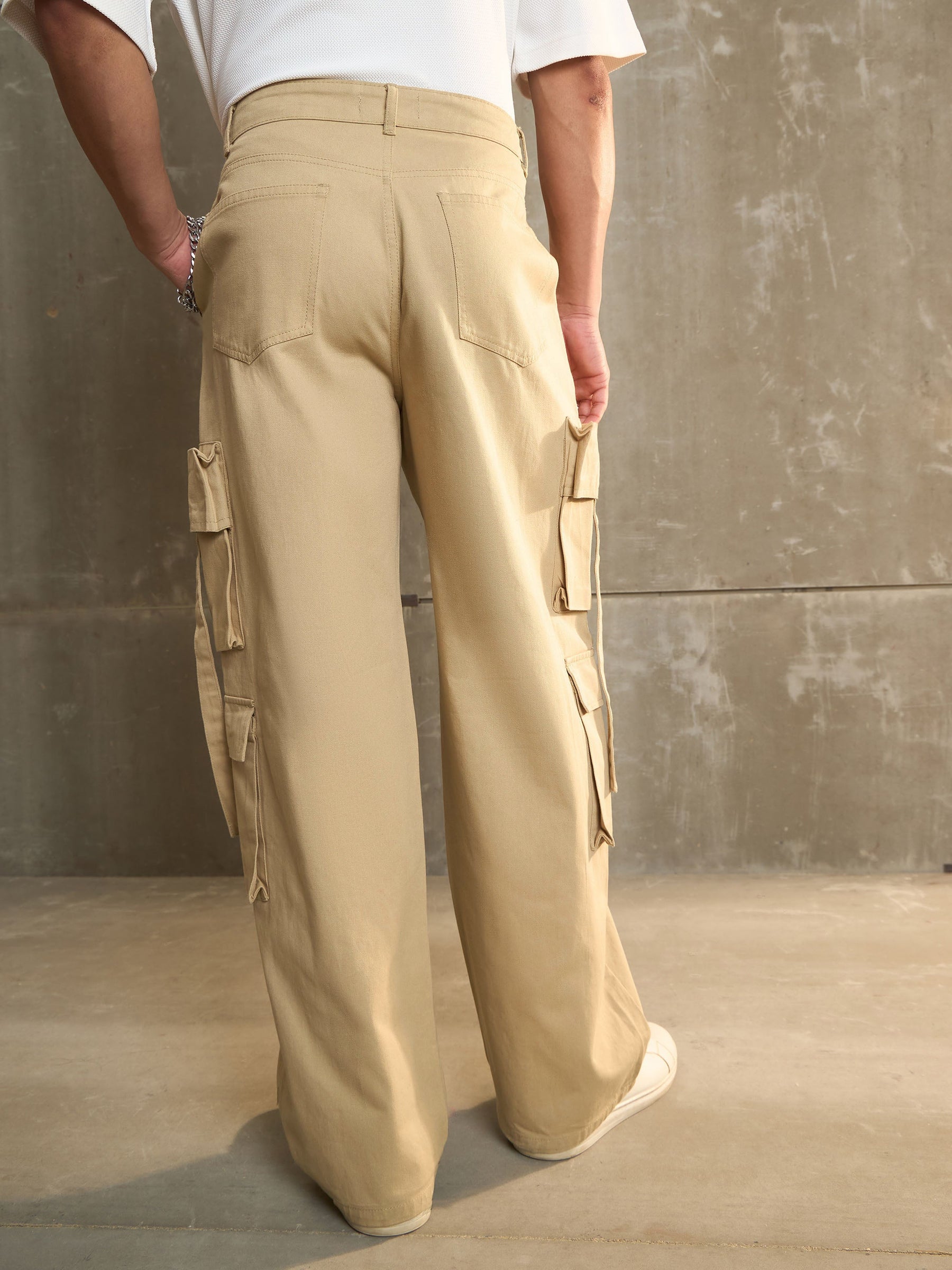 Beige Twill Cargo Pockets Wide Leg Pants-MASCLN SASSAFRAS