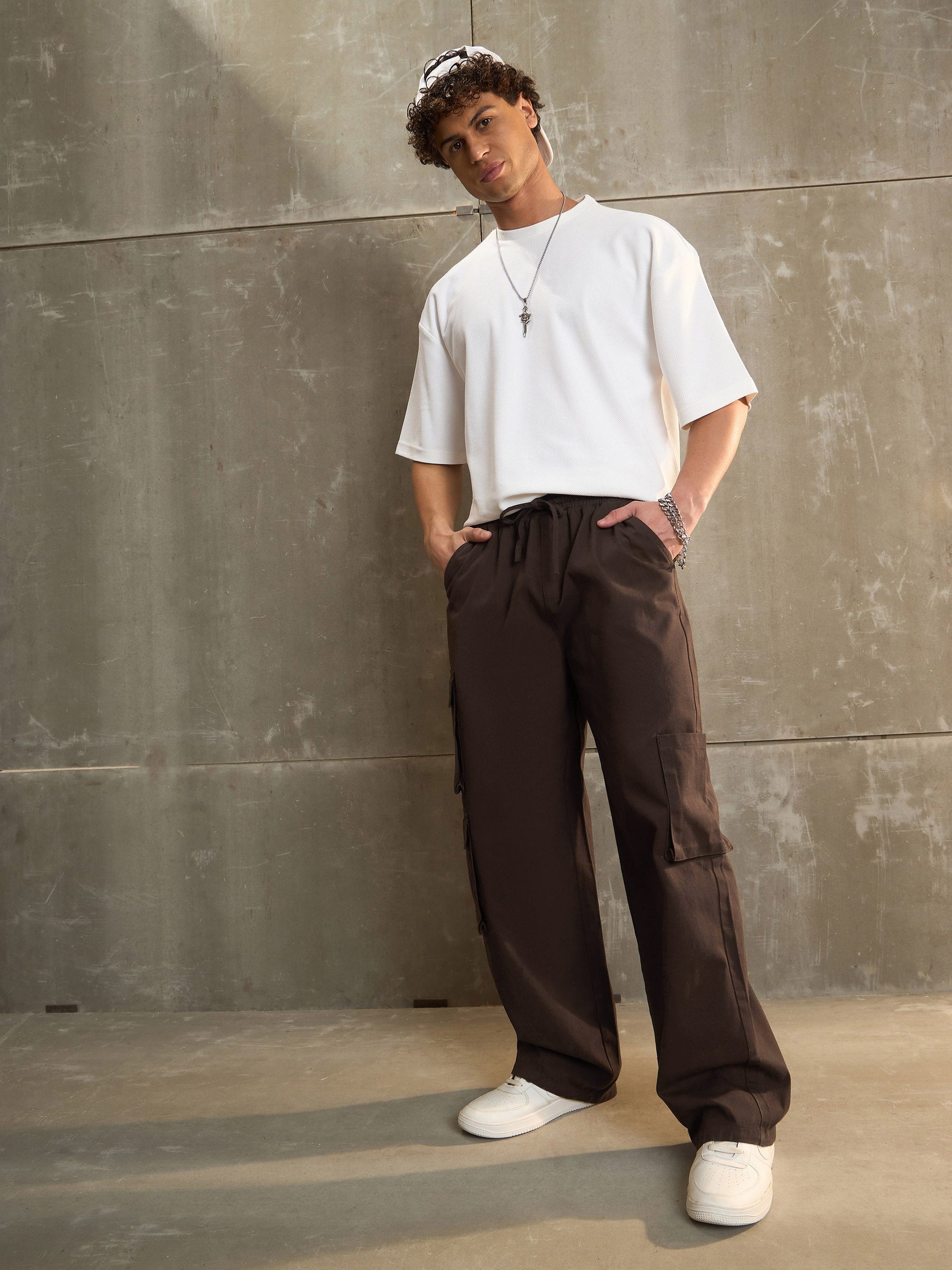 Brown Twill Elasticated Waist Wide Leg Pants-MASCLN SASSAFRAS